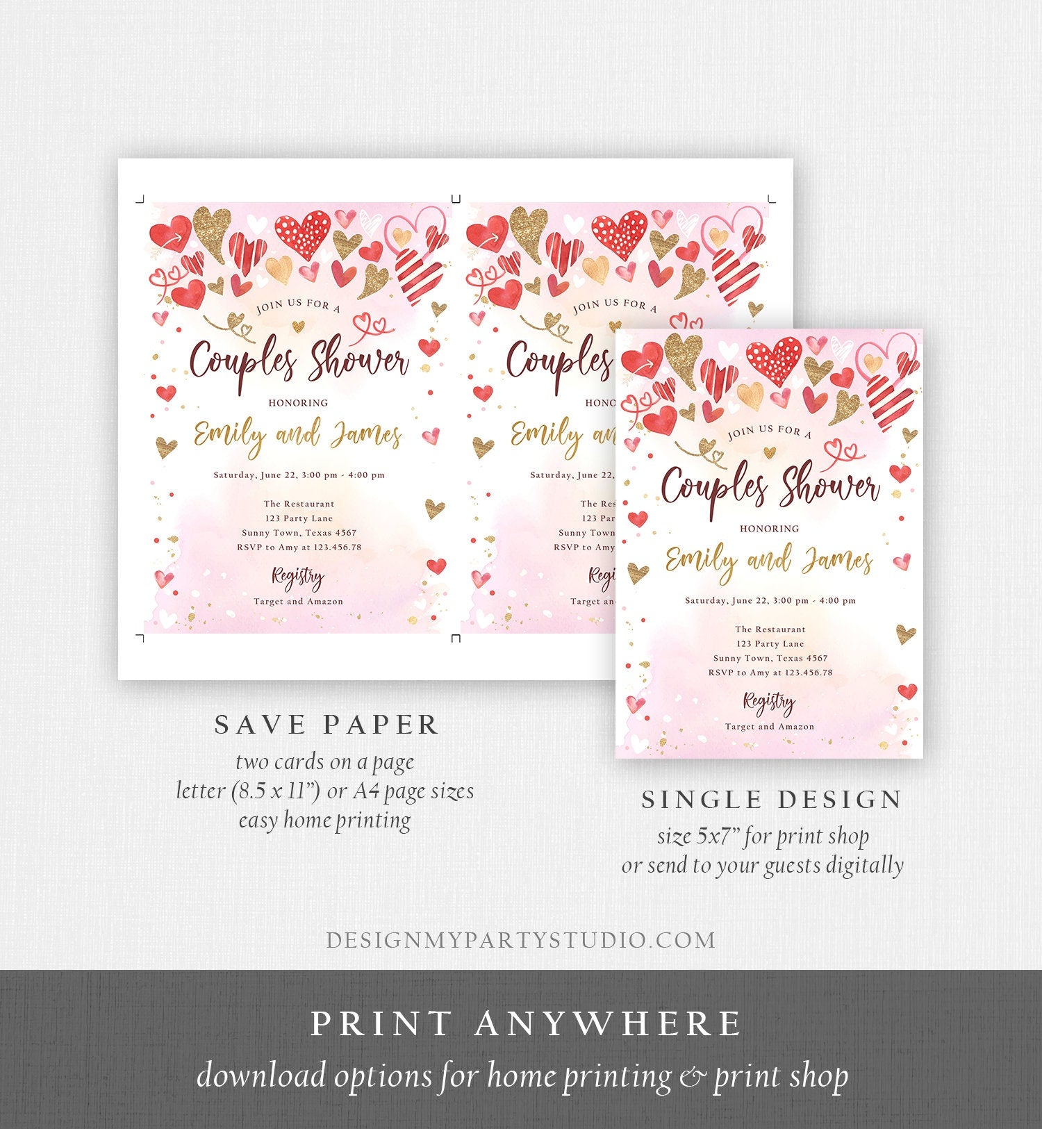 Editable Couples Shower Invitation Hearts Valentine Pink Gold Hearts Bridal Wedding Shower Showered with Love Corjl Template Printable 0371