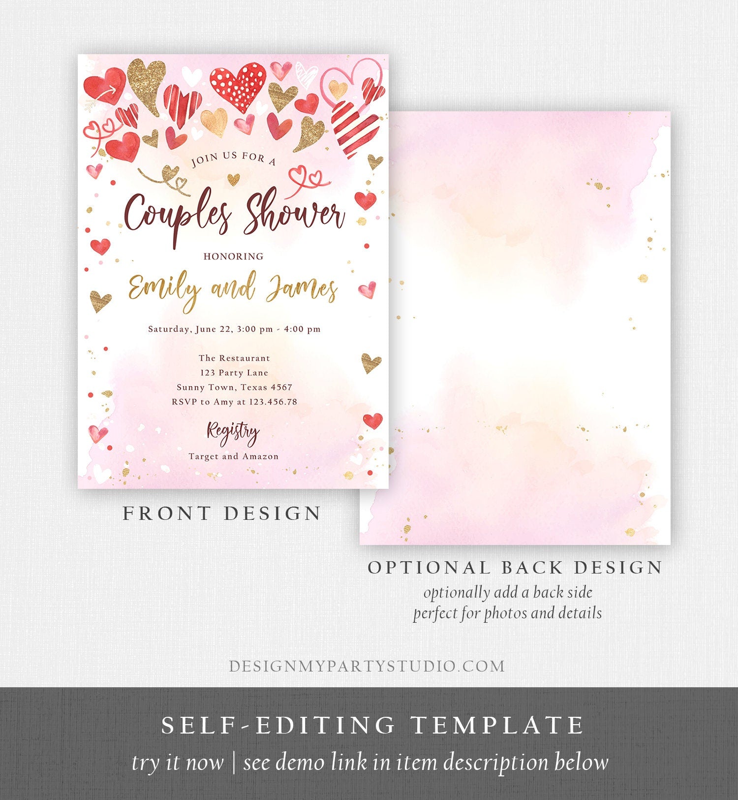 Editable Couples Shower Invitation Hearts Valentine Pink Gold Hearts Bridal Wedding Shower Showered with Love Corjl Template Printable 0371