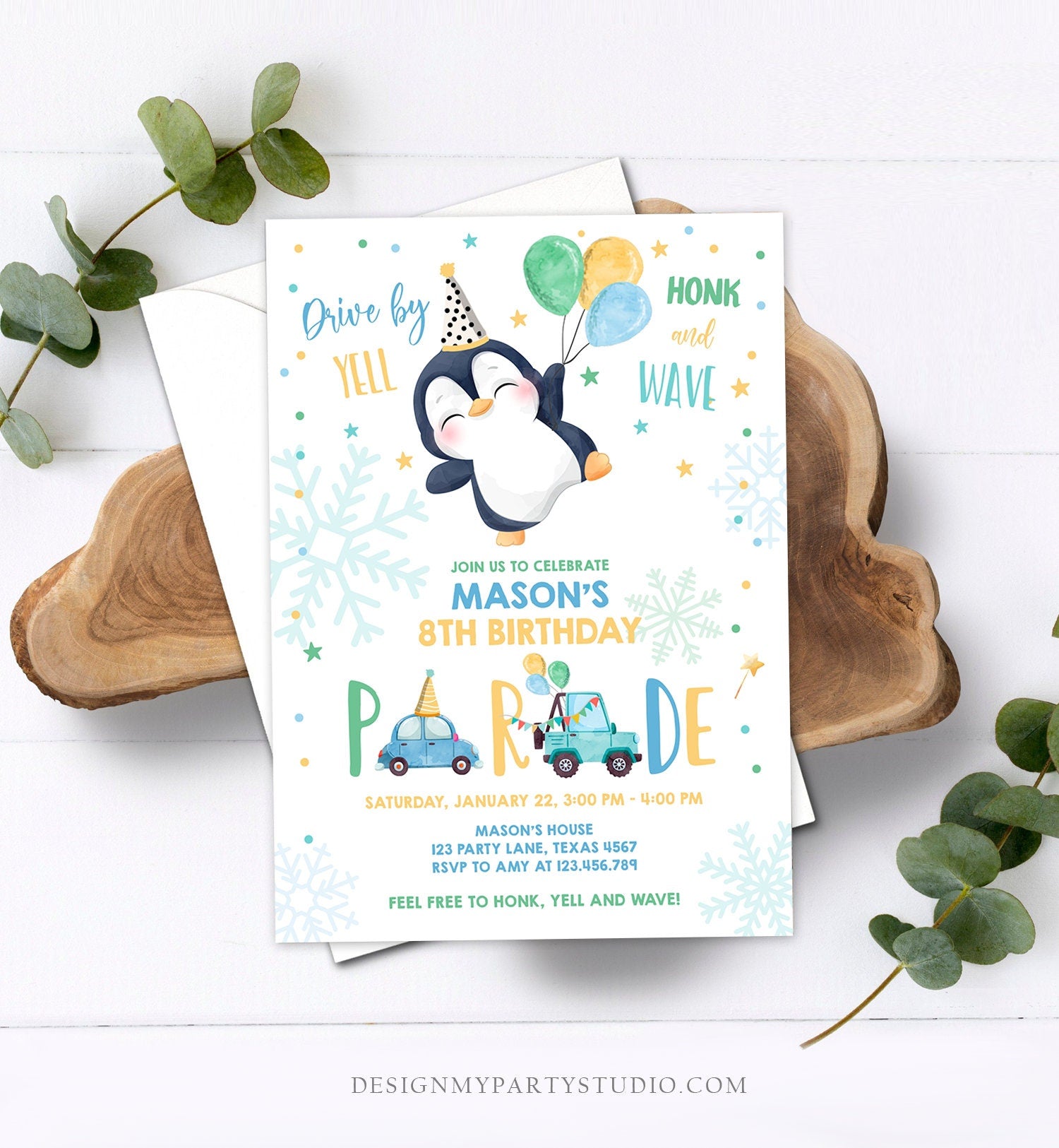 Editable Penguin Drive By Birthday Parade Invitation Winter Party Invite Honk Wave Car Boy Blue Drive Through South Pole Digital Corjl 0372