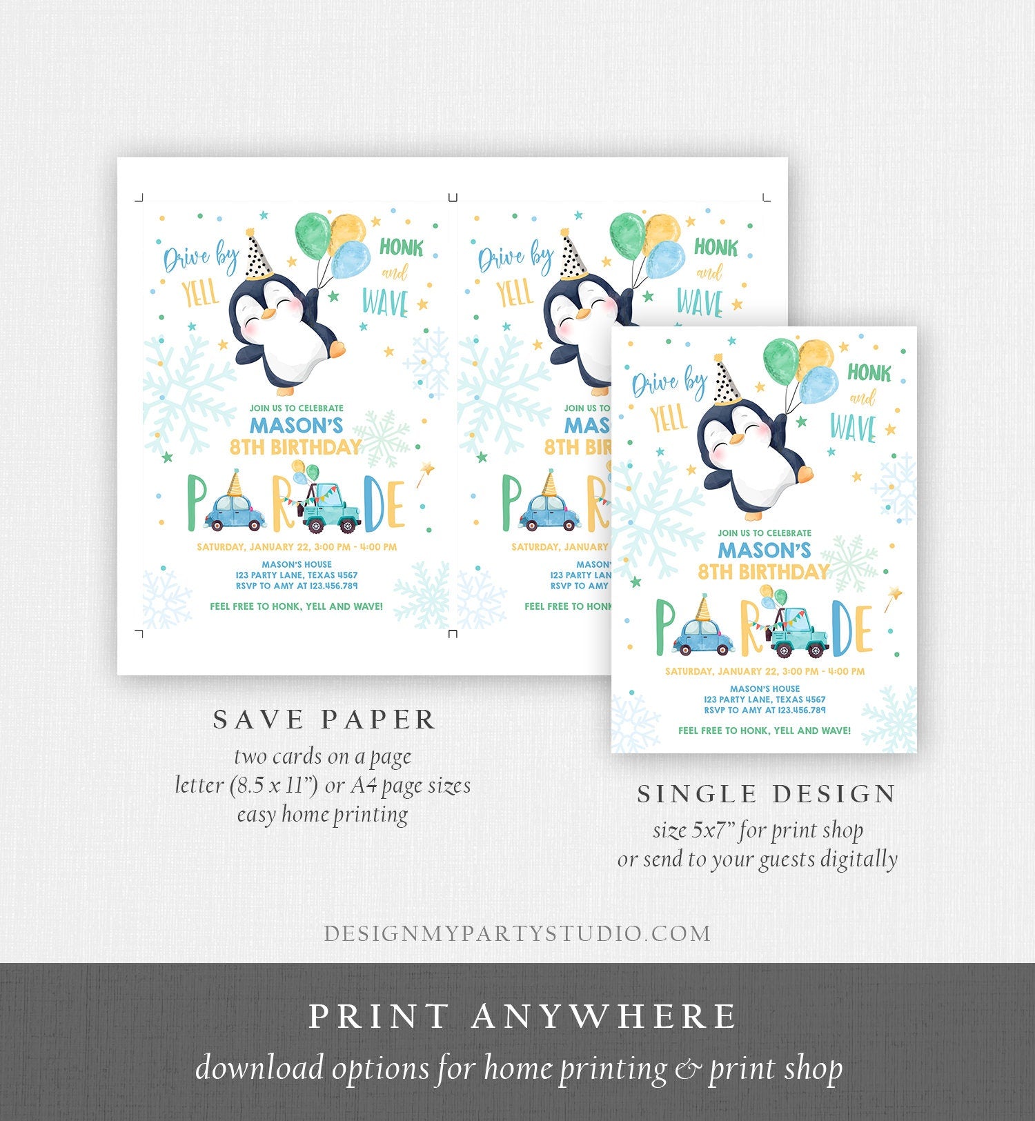 Editable Penguin Drive By Birthday Parade Invitation Winter Party Invite Honk Wave Car Boy Blue Drive Through South Pole Digital Corjl 0372