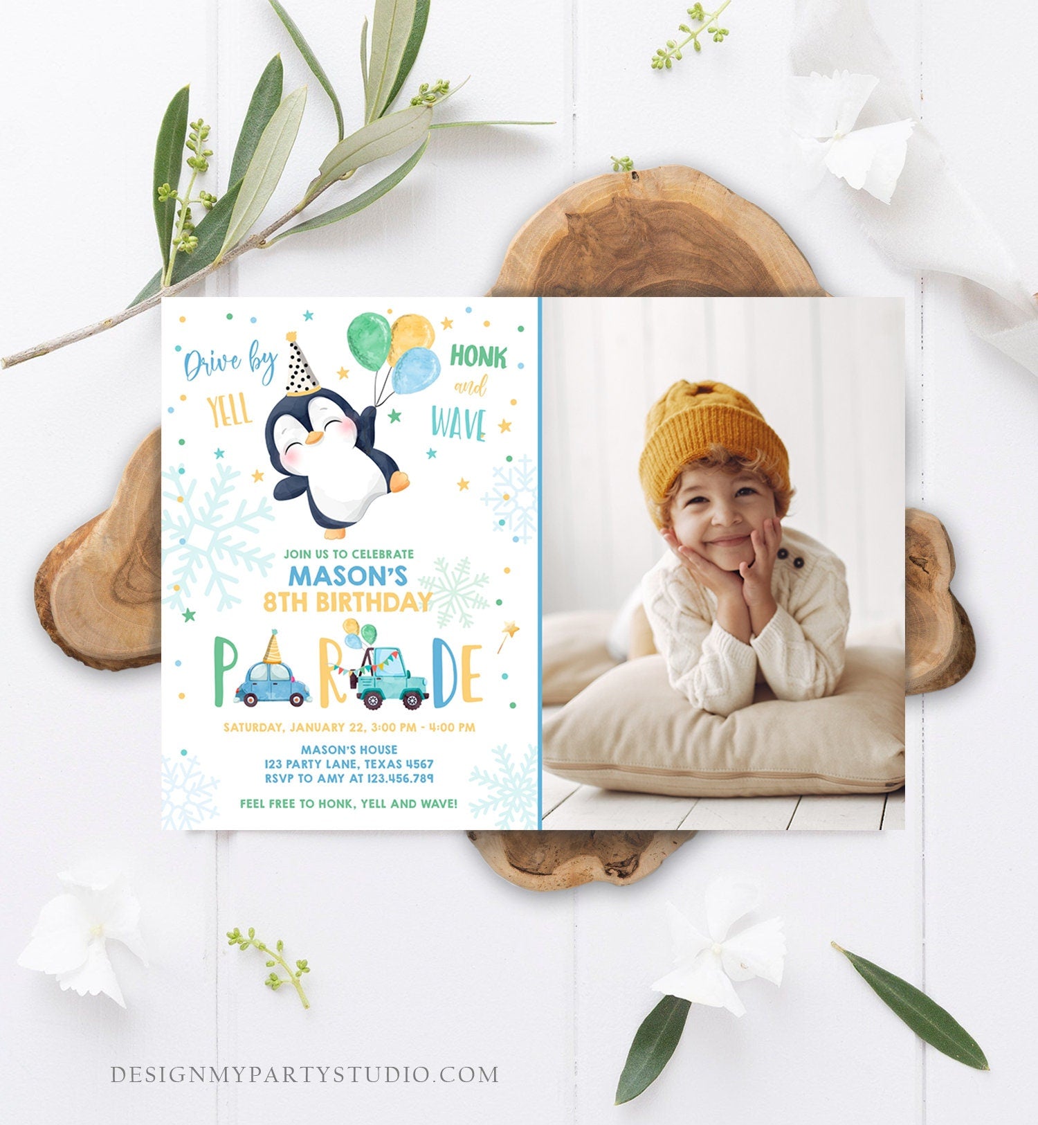 Editable Penguin Drive By Birthday Parade Invitation Winter Party Invite Honk Wave Car Boy Blue Drive Through South Pole Digital Corjl 0372