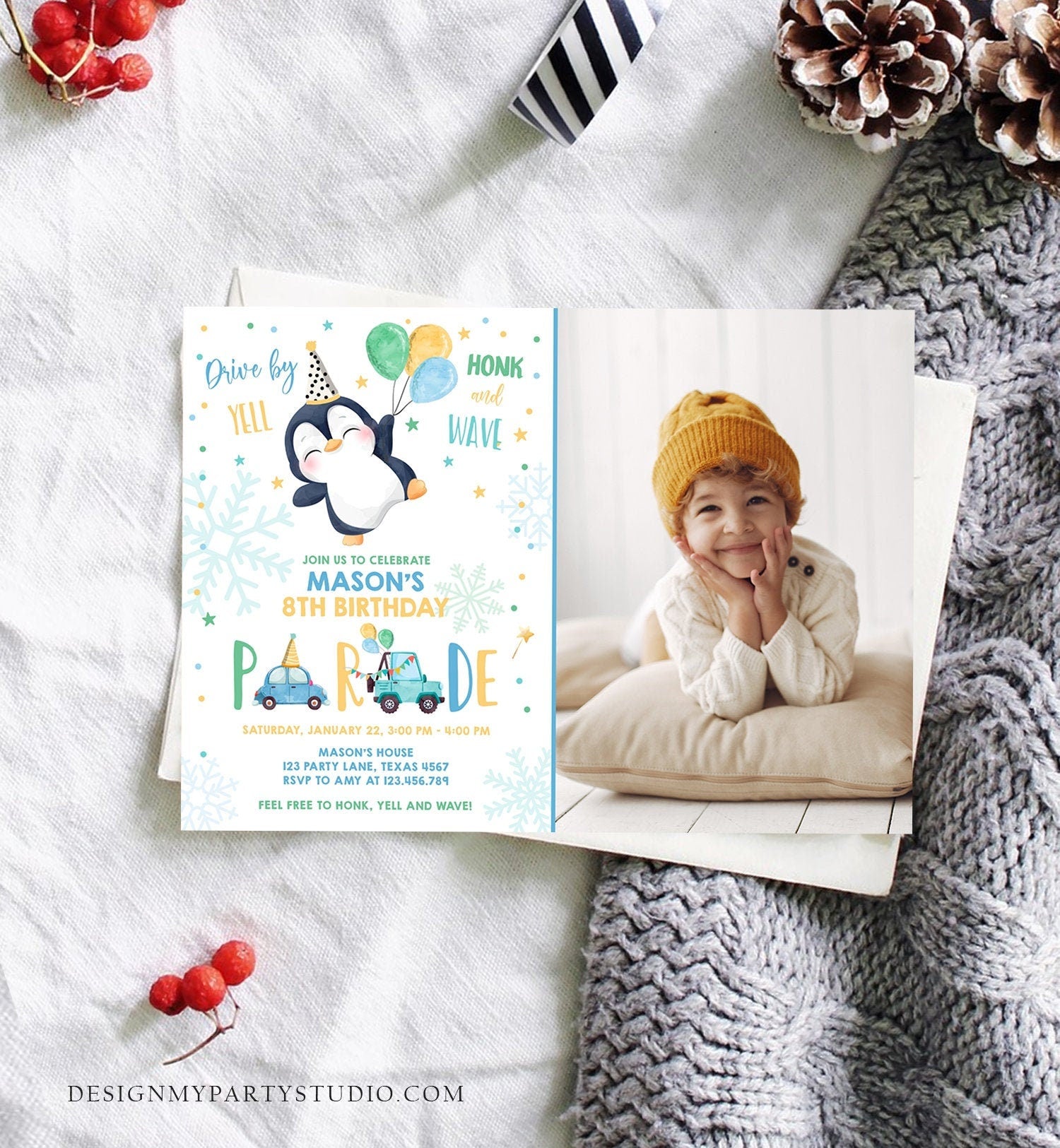 Editable Penguin Drive By Birthday Parade Invitation Winter Party Invite Honk Wave Car Boy Blue Drive Through South Pole Digital Corjl 0372