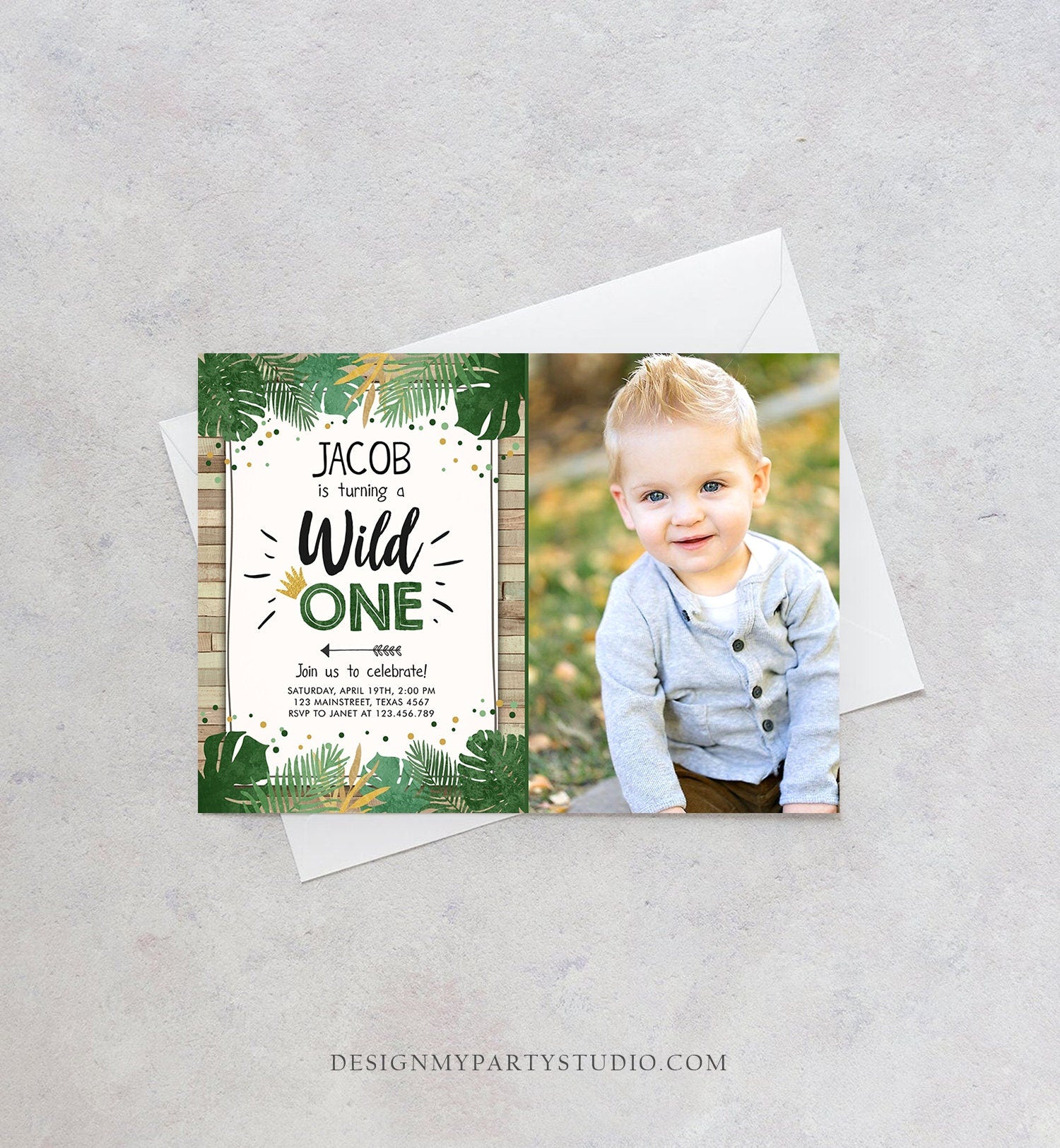 Editable Wild One Birthday Invitation Safari Jungle Boy Gold First Birthday 1st Wood Leaves Tropical Download Corjl Template Printable 0332