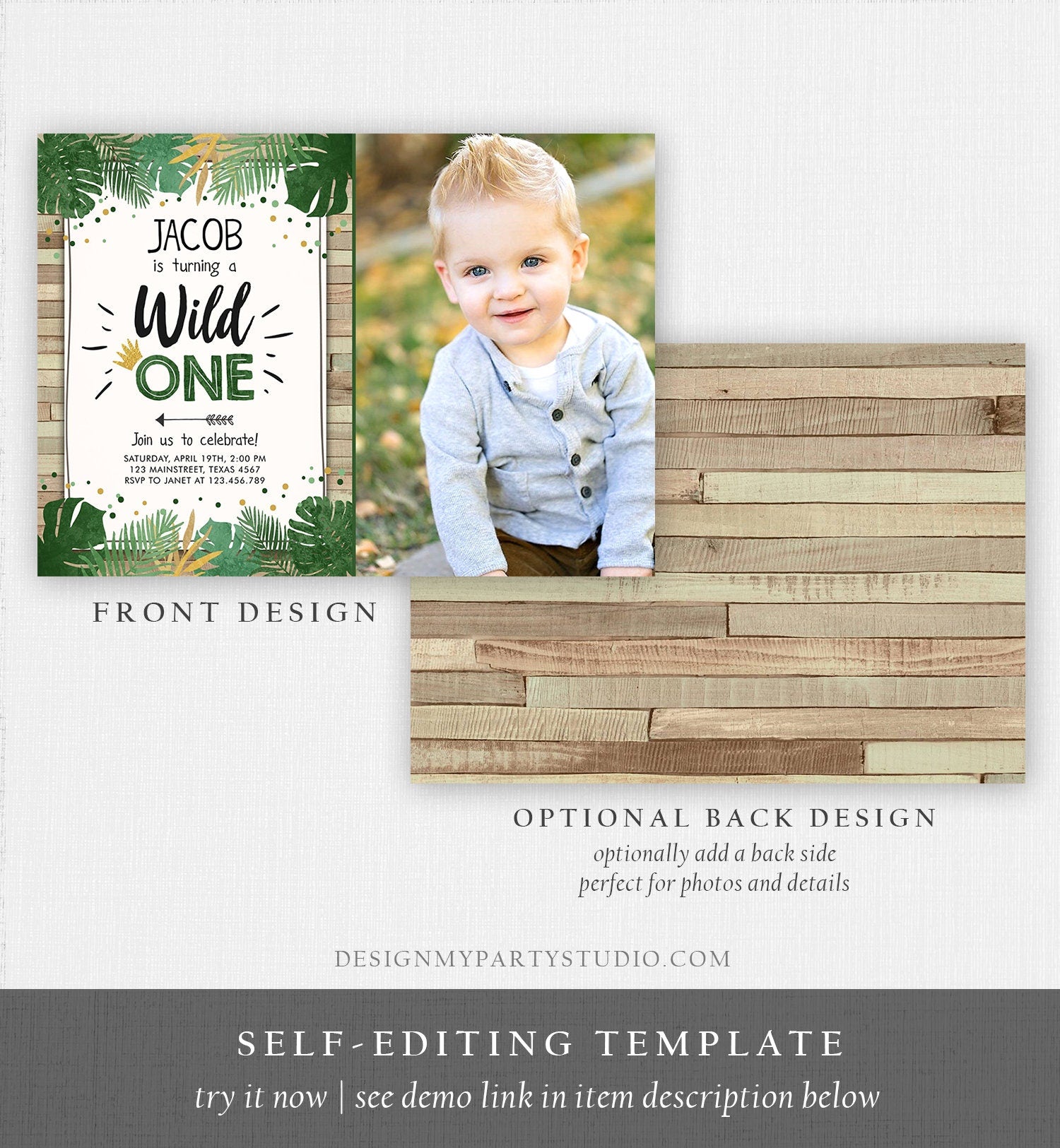 Editable Wild One Birthday Invitation Safari Jungle Boy Gold First Birthday 1st Wood Leaves Tropical Download Corjl Template Printable 0332