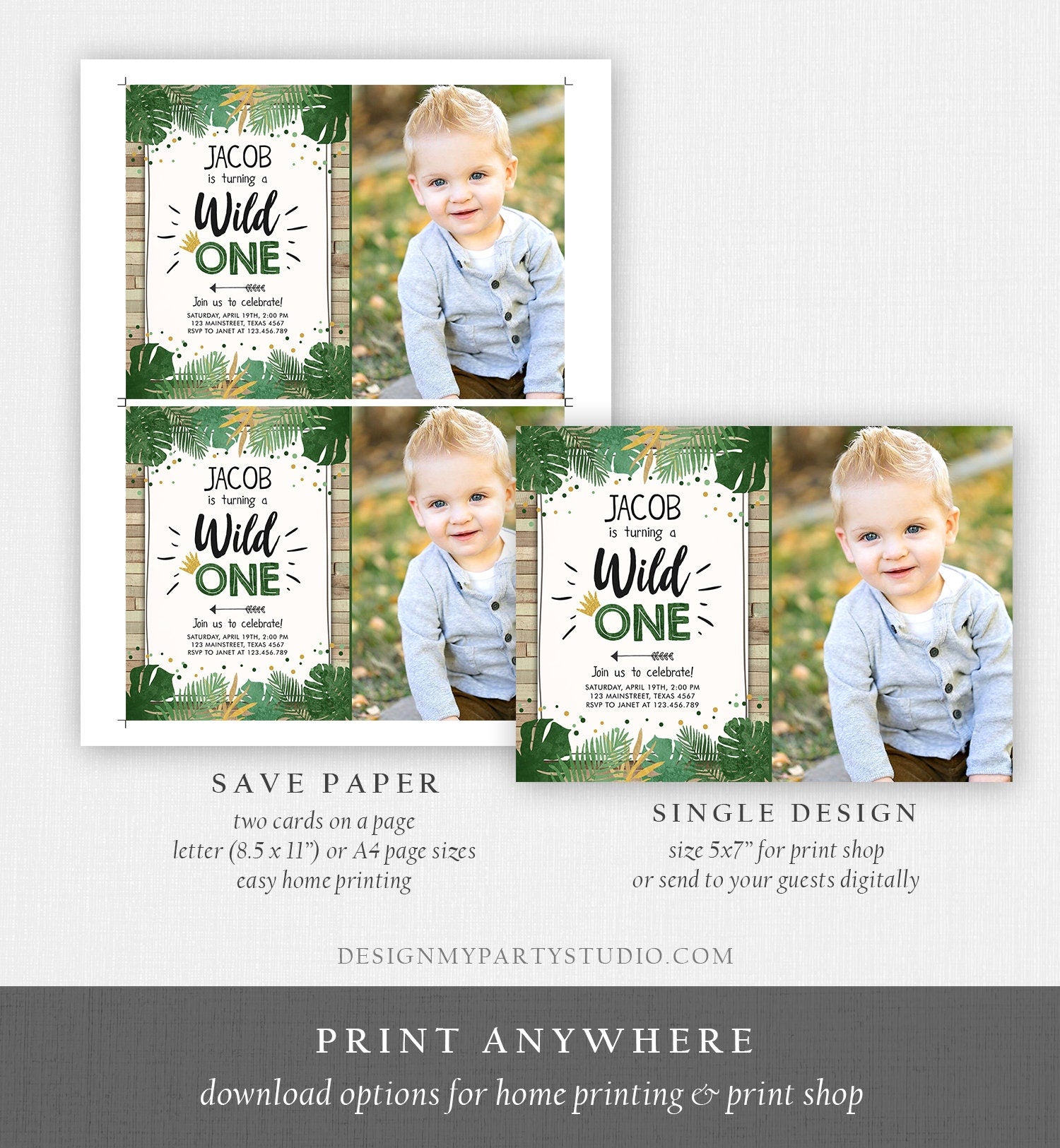 Editable Wild One Birthday Invitation Safari Jungle Boy Gold First Birthday 1st Wood Leaves Tropical Download Corjl Template Printable 0332