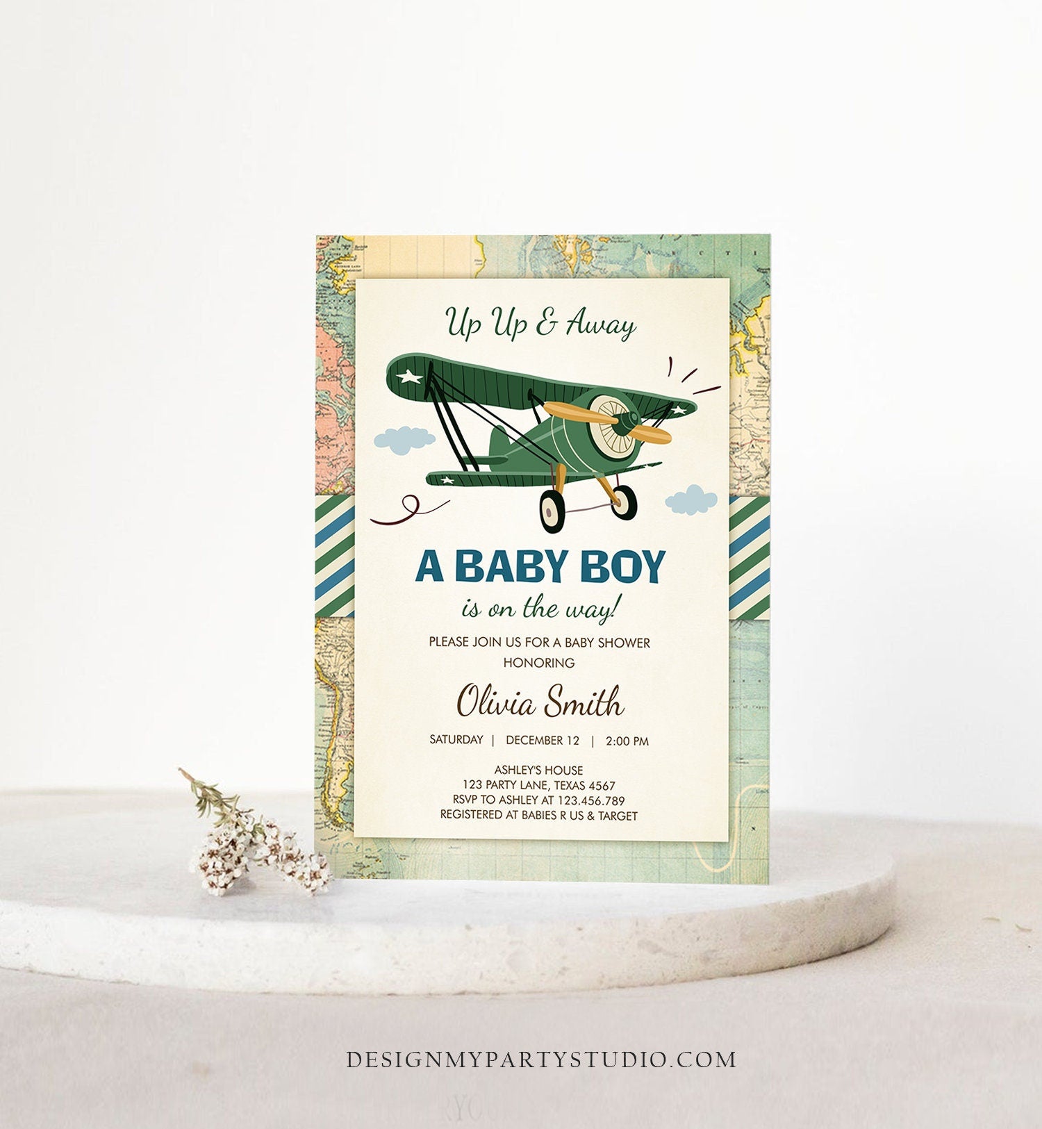 Editable Up Up and Away Airplane Baby Shower Invitation Travel Adventure Baby Boy Green Plane Instant Download Digital Corjl Template 0011