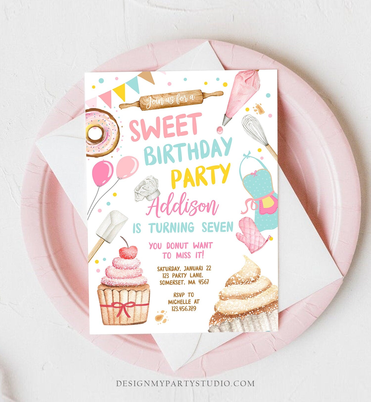 Editable Sweet Birthday Party Invitation Kids Baking Birthday Cupcake Donut Party Girl Sweet One Download Printable Corjl Template 0364