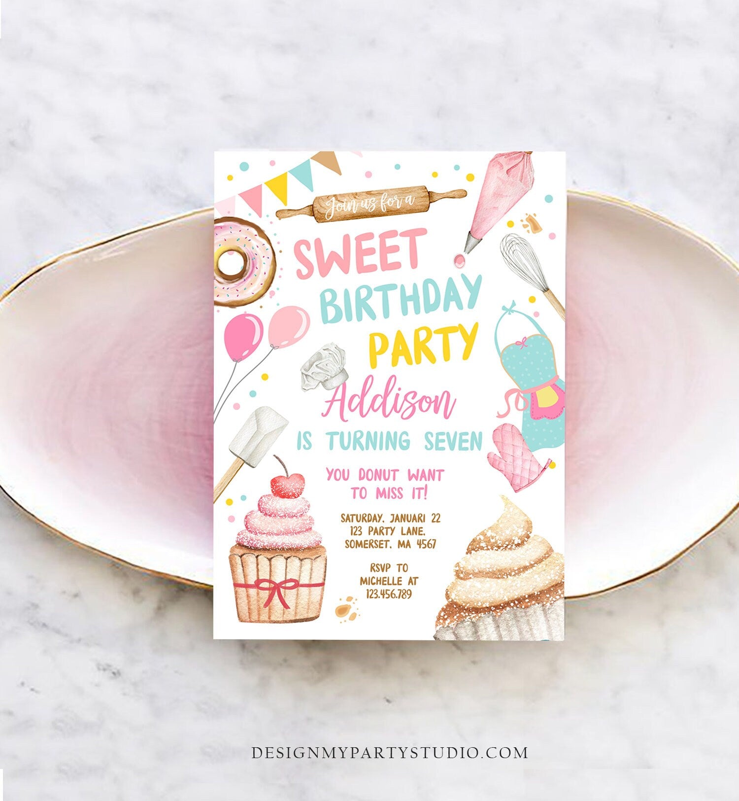 Editable Sweet Birthday Party Invitation Kids Baking Birthday Cupcake Donut Party Girl Sweet One Download Printable Corjl Template 0364