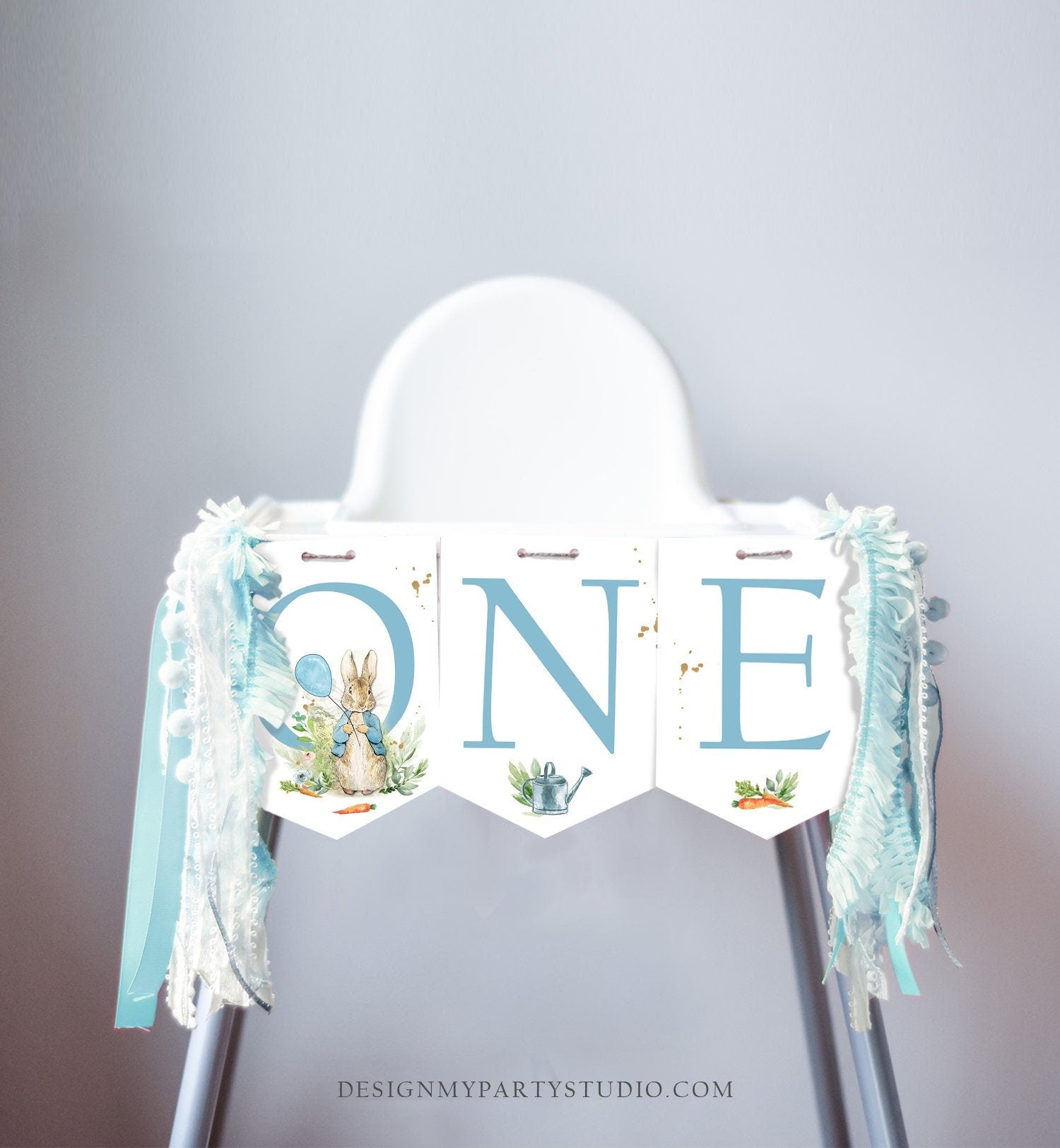 Peter Rabbit High Chair Banner Peter Rabbit 1st First Birthday Boy High Chair ONE Banner Boy Blue Rustic Party Decor PRINTABLE Digital 0351