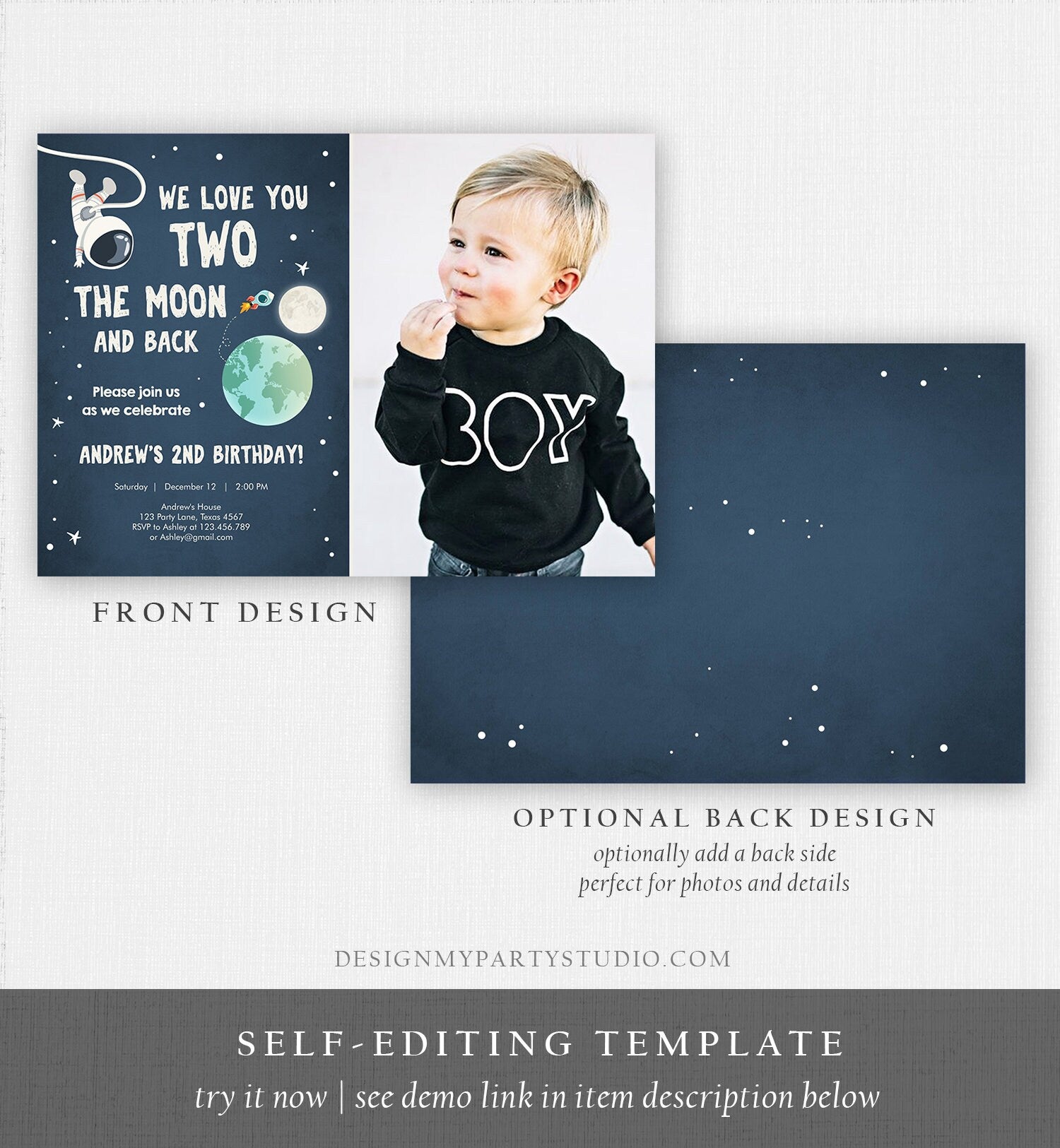 Editable Two the Moon Birthday Invitation Space Astronaut 2nd Birthday Galaxy Birthday Second Download Printable Template Digital Corjl 0046