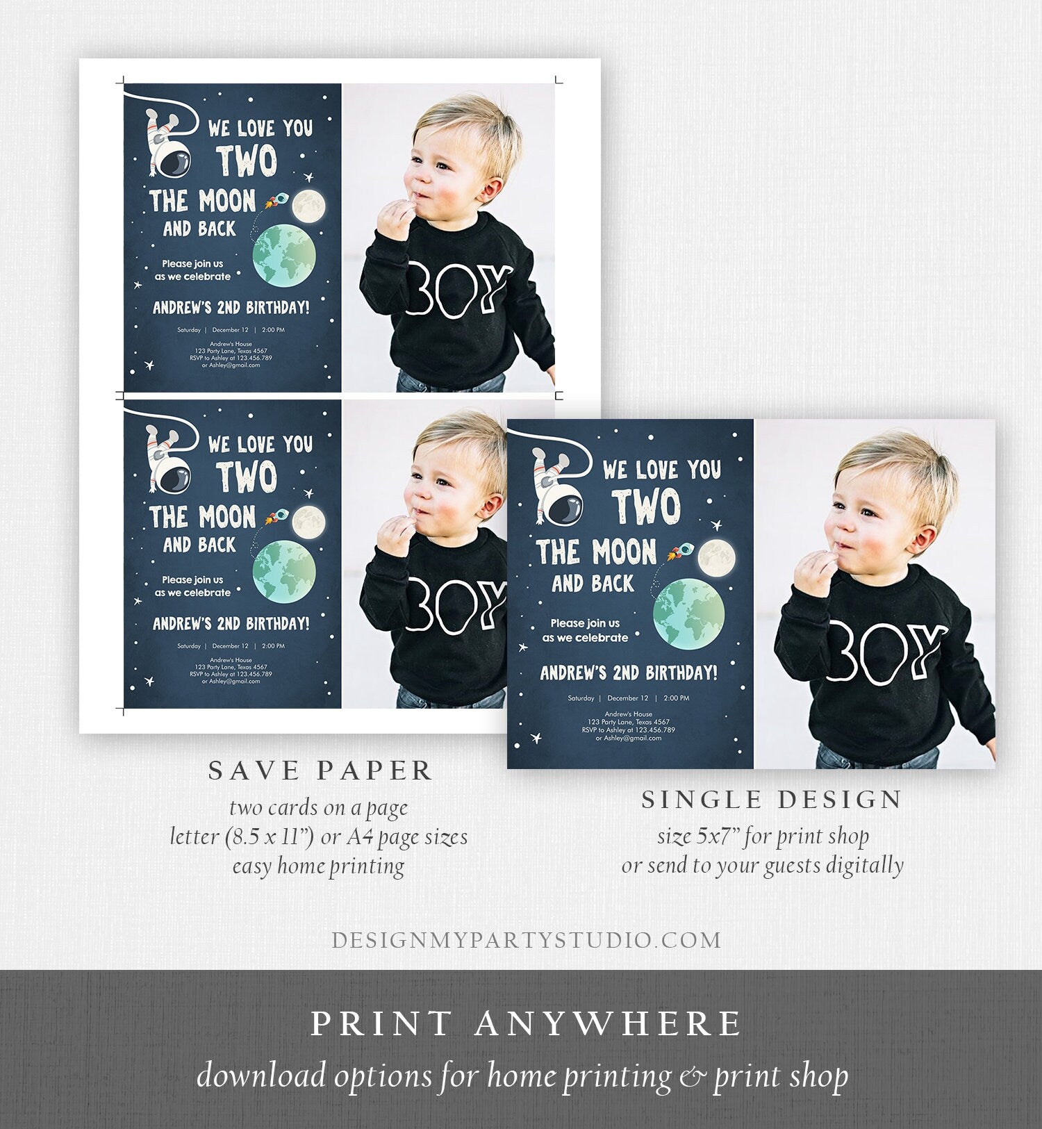 Editable Two the Moon Birthday Invitation Space Astronaut 2nd Birthday Galaxy Birthday Second Download Printable Template Digital Corjl 0046