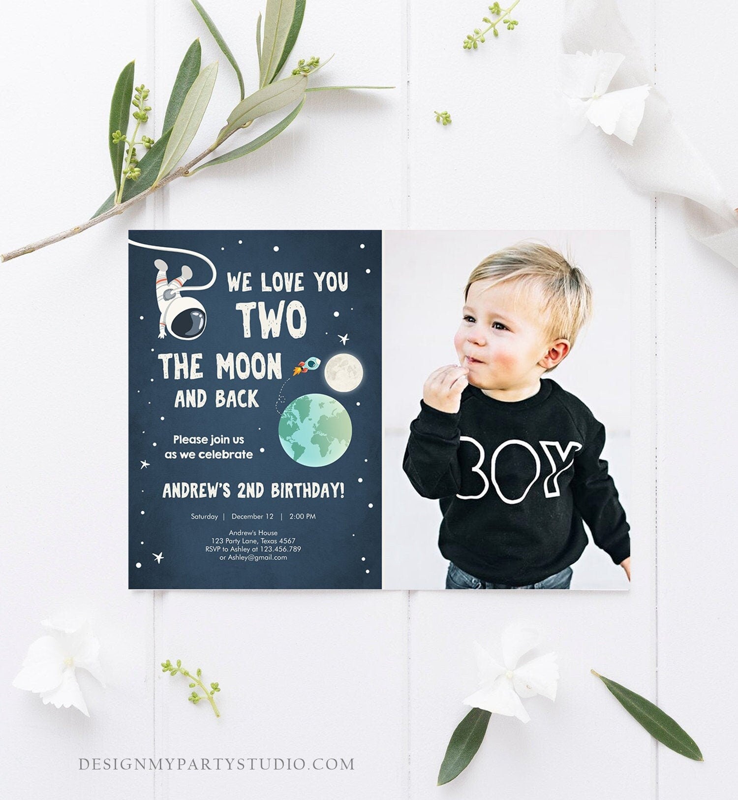 Editable Two the Moon Birthday Invitation Space Astronaut 2nd Birthday Galaxy Birthday Second Download Printable Template Digital Corjl 0046