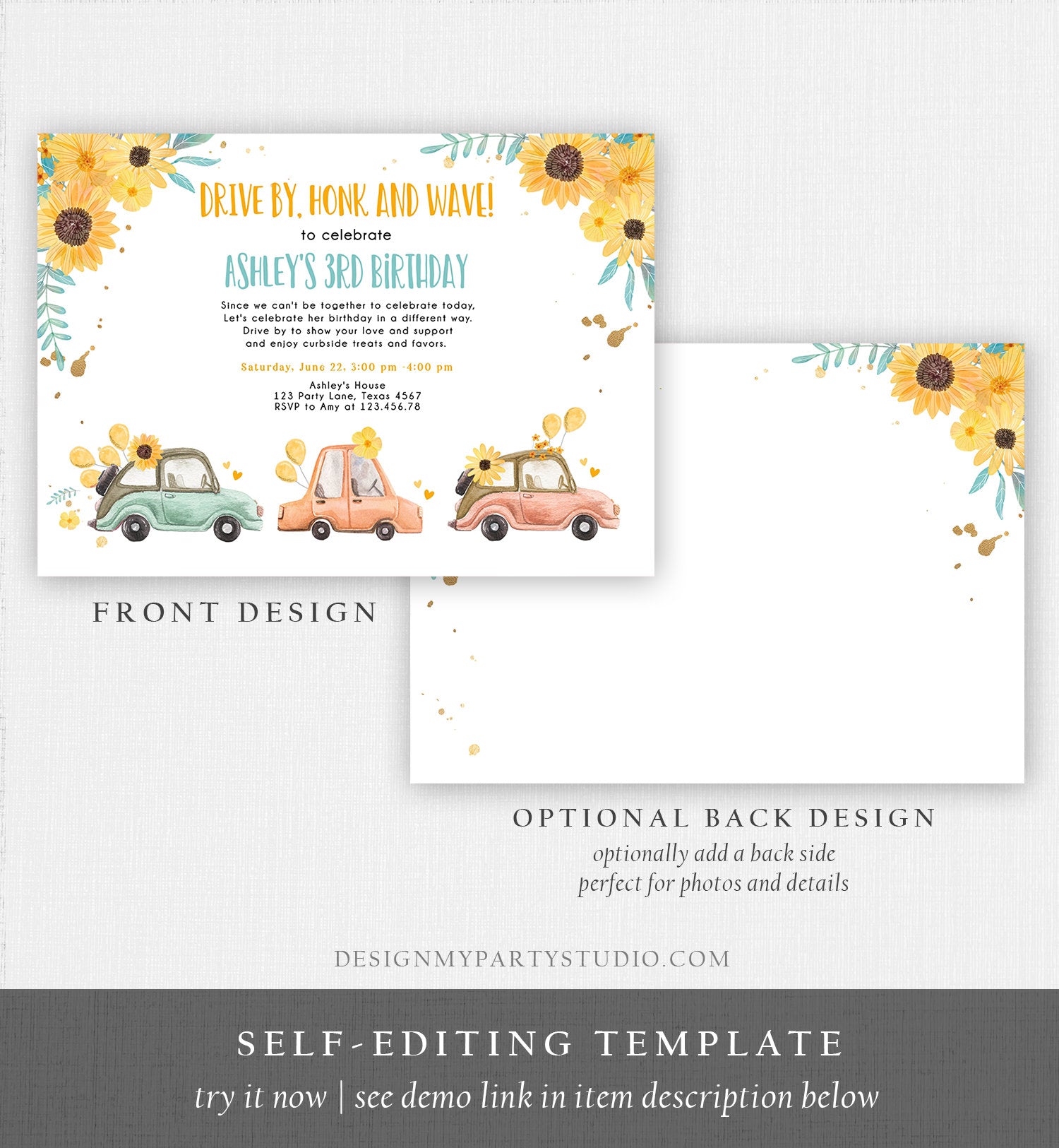 Editable Drive By Birthday Parade Invitation Virtual Party Invite Honk Wave Girl Yellow Sunflowers Summer Drive Through Digital Corjl 0335