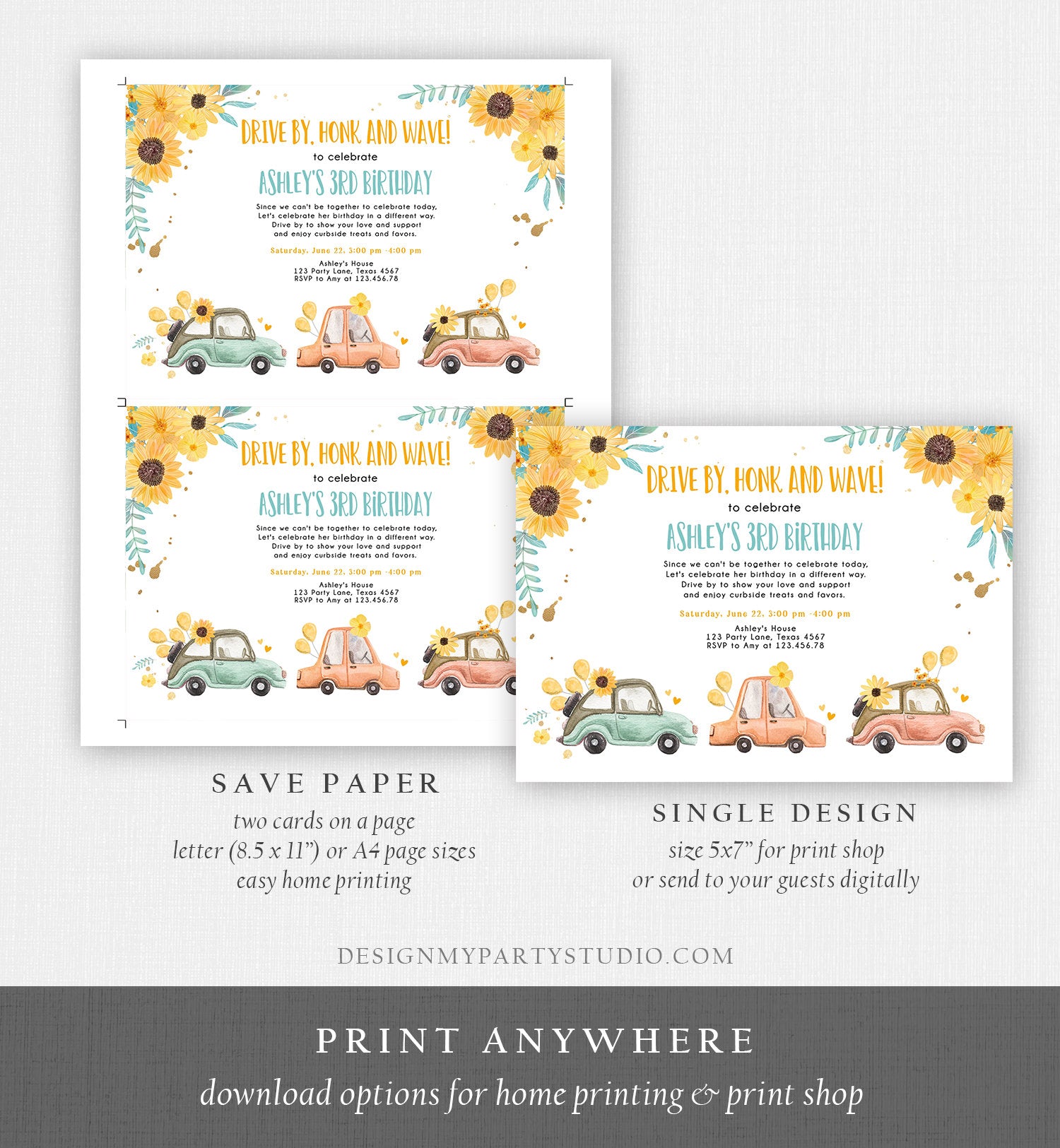 Editable Drive By Birthday Parade Invitation Virtual Party Invite Honk Wave Girl Yellow Sunflowers Summer Drive Through Digital Corjl 0335