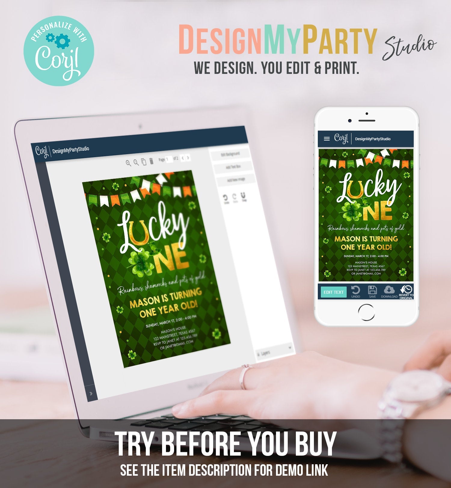 Editable Lucky One Birthday Invitation St. Patrick&#39;s Day First Birthday 1st Boy Shamrock Clover Download Corjl Template Printable 0379