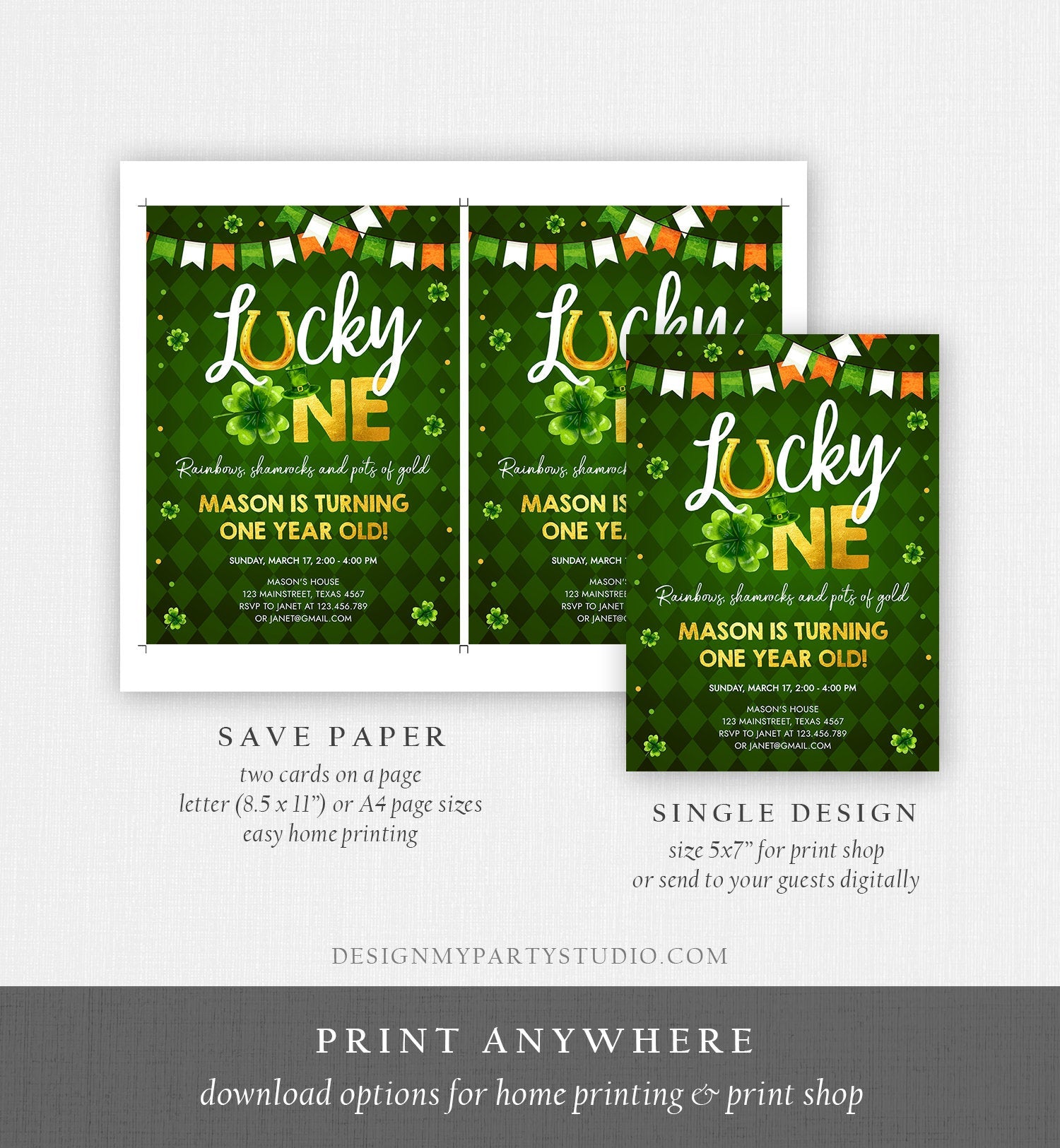 Editable Lucky One Birthday Invitation St. Patrick&#39;s Day First Birthday 1st Boy Shamrock Clover Download Corjl Template Printable 0379