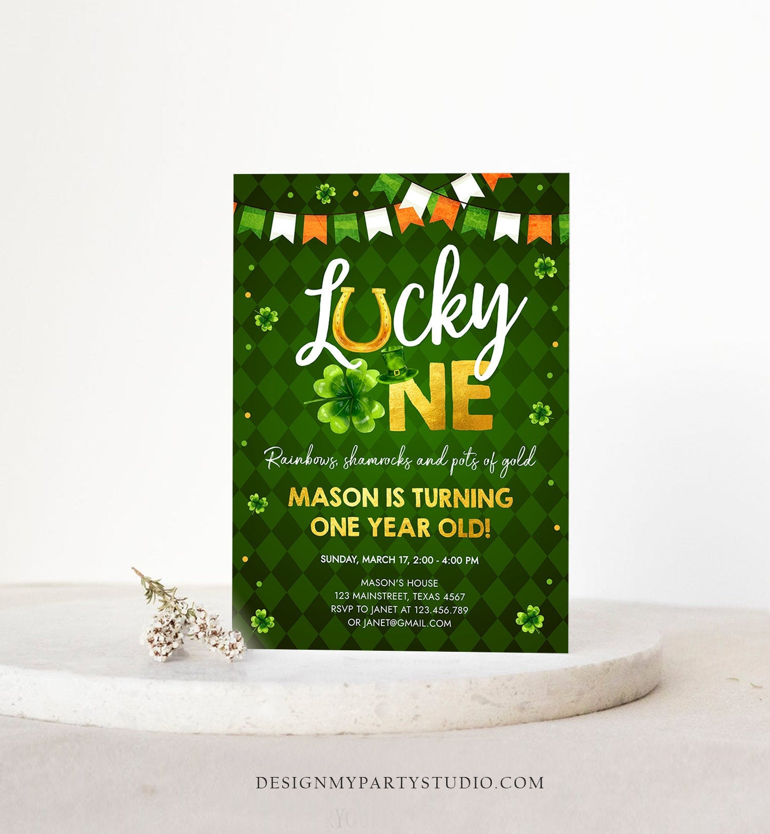 Editable Lucky One Birthday Invitation St. Patrick&#39;s Day First Birthday 1st Boy Shamrock Clover Download Corjl Template Printable 0379