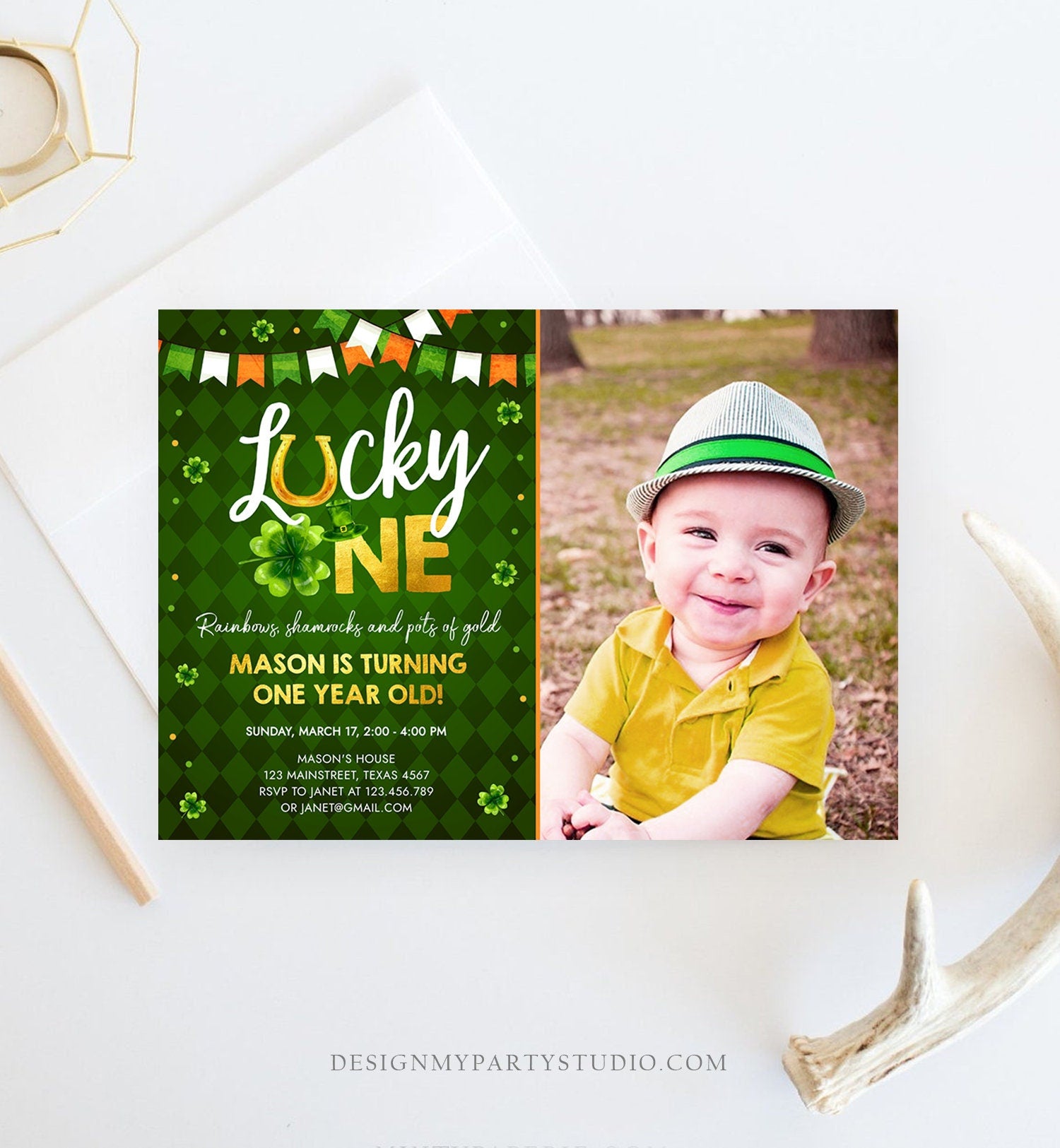 Editable Lucky One Birthday Invitation St. Patrick's Day First Birthday 1st Boy Shamrock Clover Download Corjl Template Printable 0379