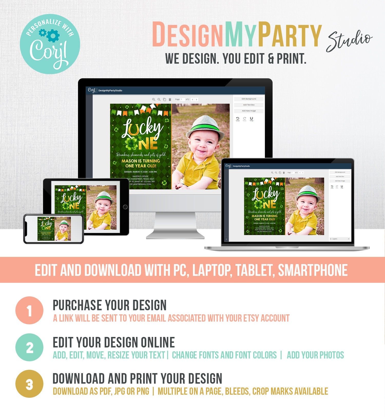 Editable Lucky One Birthday Invitation St. Patrick's Day First Birthday 1st Boy Shamrock Clover Download Corjl Template Printable 0379