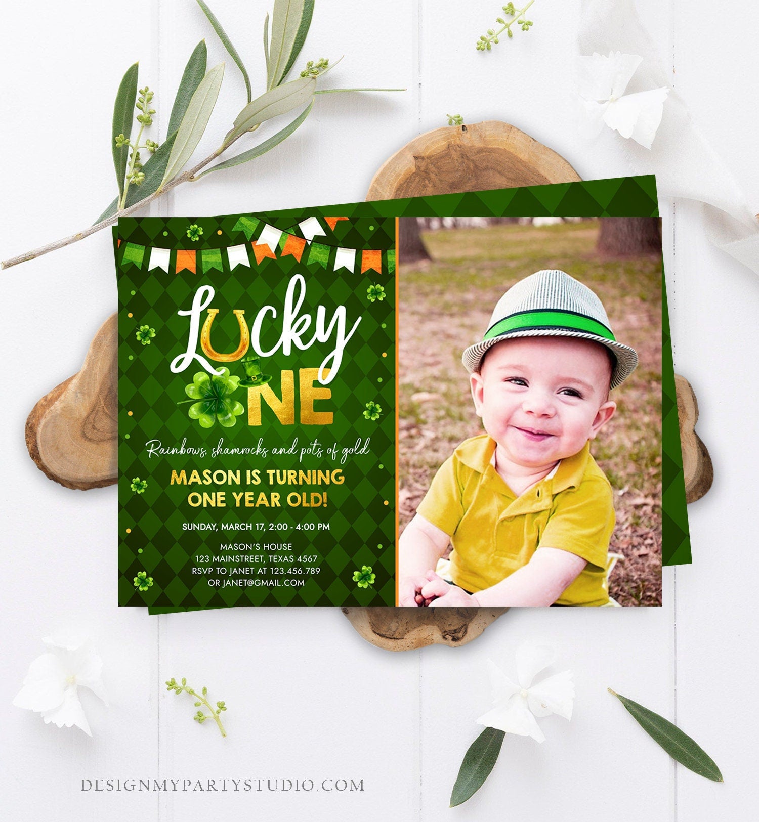 Editable Lucky One Birthday Invitation St. Patrick's Day First Birthday 1st Boy Shamrock Clover Download Corjl Template Printable 0379