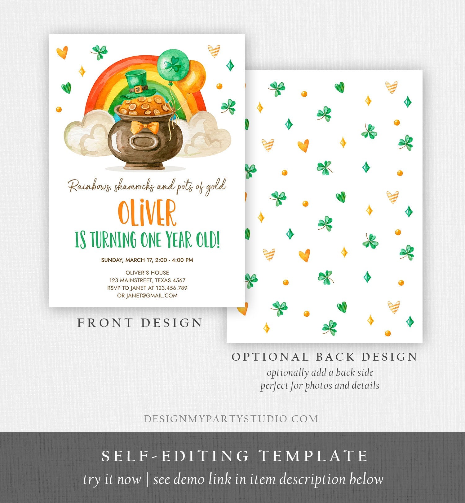 Editable Lucky One Birthday Invitation St. Patrick&#39;s Day First Birthday 1st Boy Shamrock Clover Download Corjl Template Printable 0380