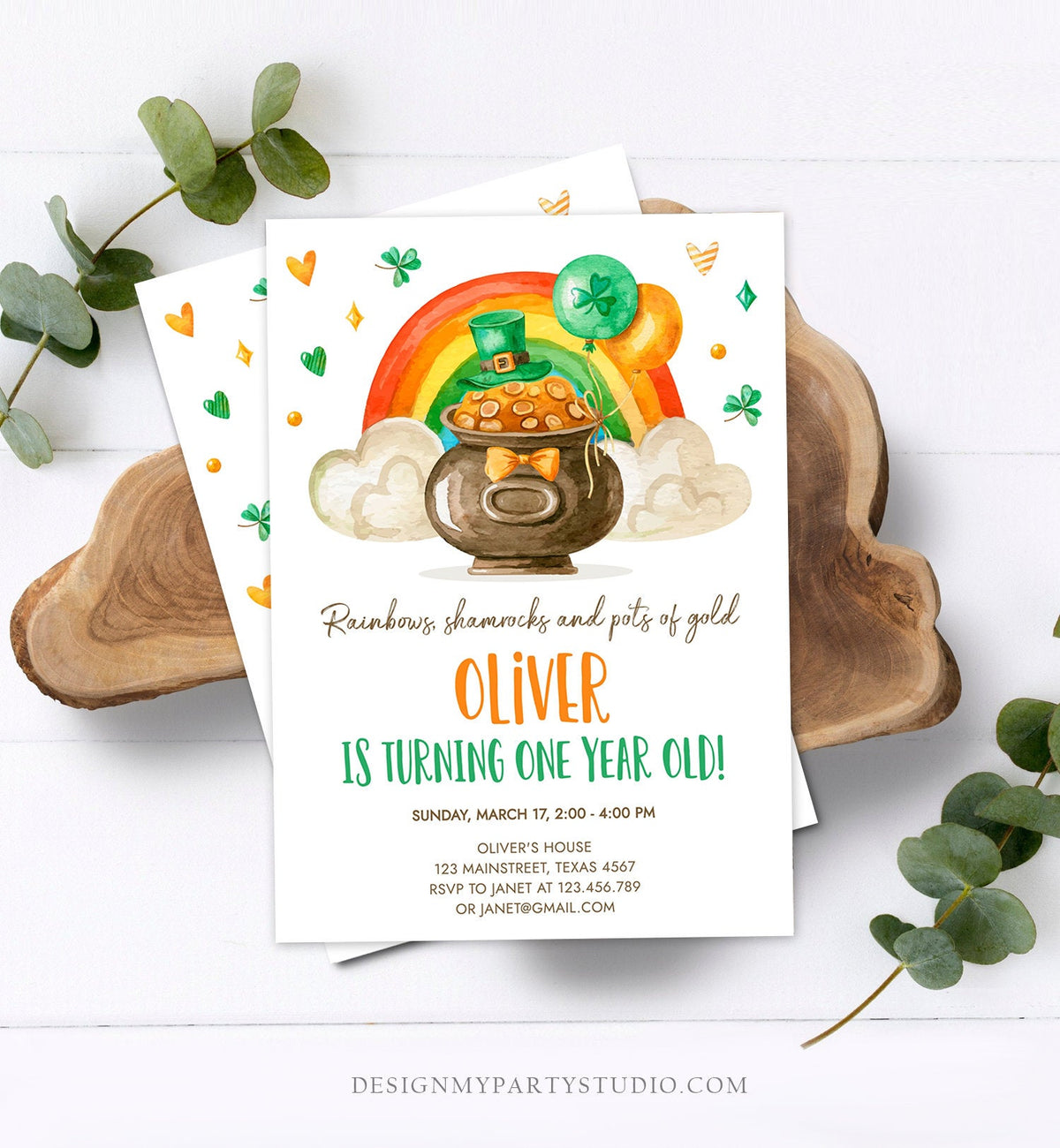 Editable Lucky One Birthday Invitation St. Patrick&amp;#39;s Day First Birthday 1st Boy Shamrock Clover Download Corjl Template Printable 0380