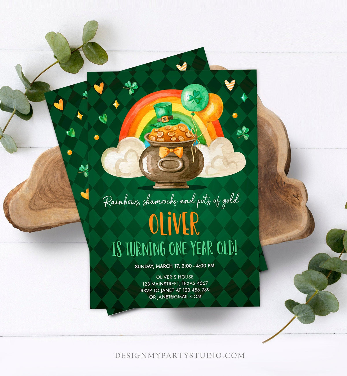 Editable Lucky One Birthday Invitation St. Patrick&amp;#39;s Day First Birthday 1st Boy Shamrock Clover Download Corjl Template Printable 0380