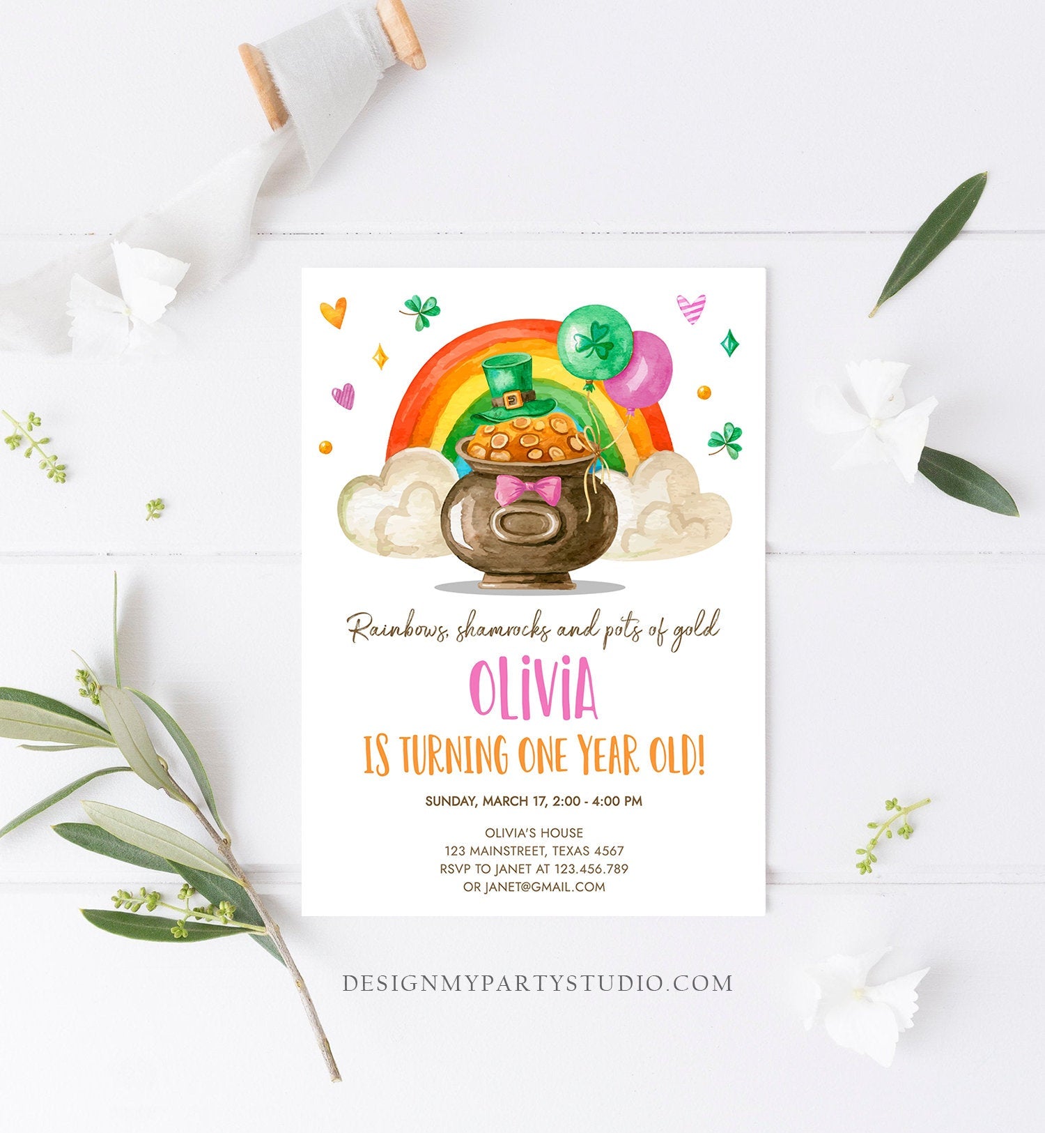 Editable Lucky One Birthday Invitation St. Patrick&#39;s Day First Birthday 1st Girl Pink Shamrock Clover Download Corjl Template Printable 0380