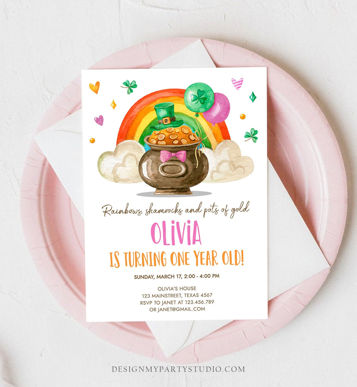 Editable Lucky One Birthday Invitation St. Patrick&amp;#39;s Day First Birthday 1st Girl Pink Shamrock Clover Download Corjl Template Printable 0380