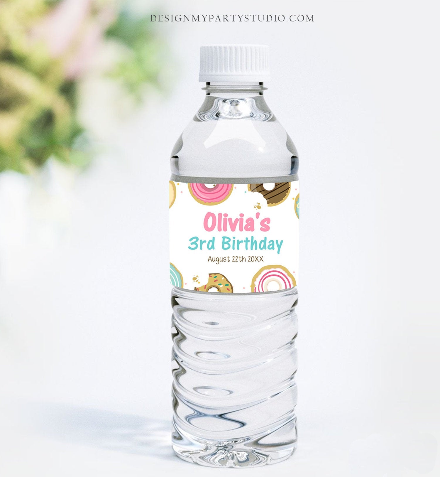 Editable Donut Water Bottle Label Sweet Doughnut Birthday Baby Shower Sprinkle Girl Pink Sprinkled With Love Printable Template Corjl 0011