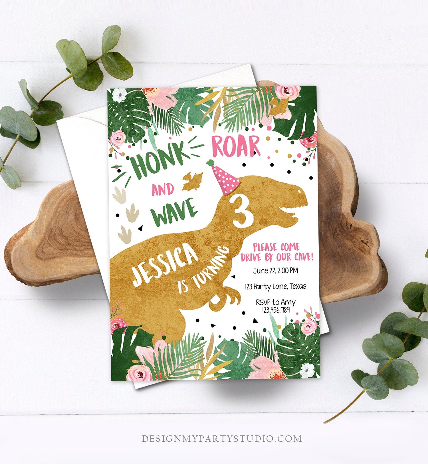 Editable Dinosaur Drive By Birthday Parade Invitation Virtual Party Invite Honk Car Girl Dino T-Rex Quarantine Download Digital Corjl 0146