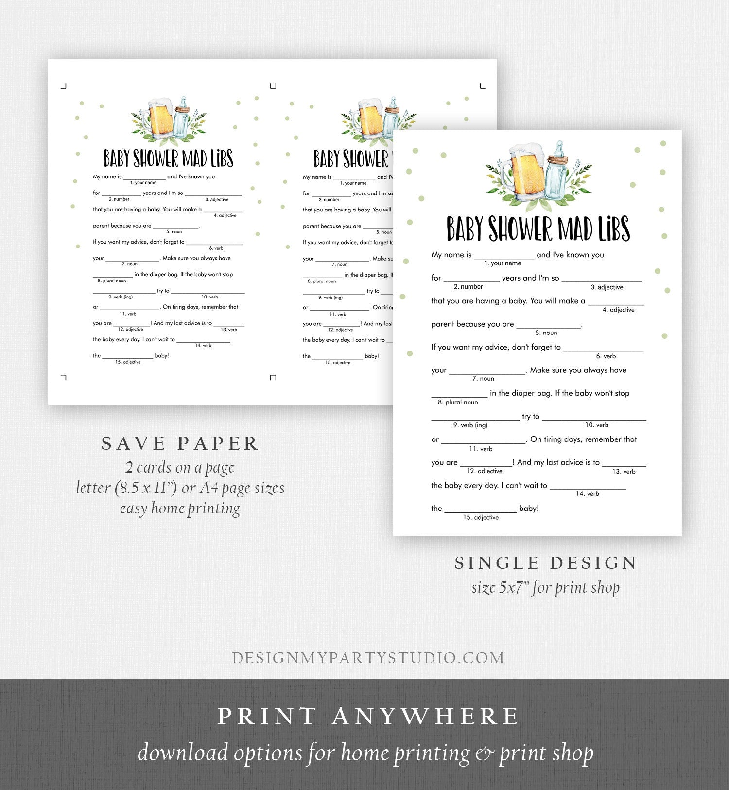 Editable Mad Libs Baby Shower Game Greenery Advice Mom to Be Baby is Brewing Shower Activity Beer Bottle Corjl Template Printable 0190