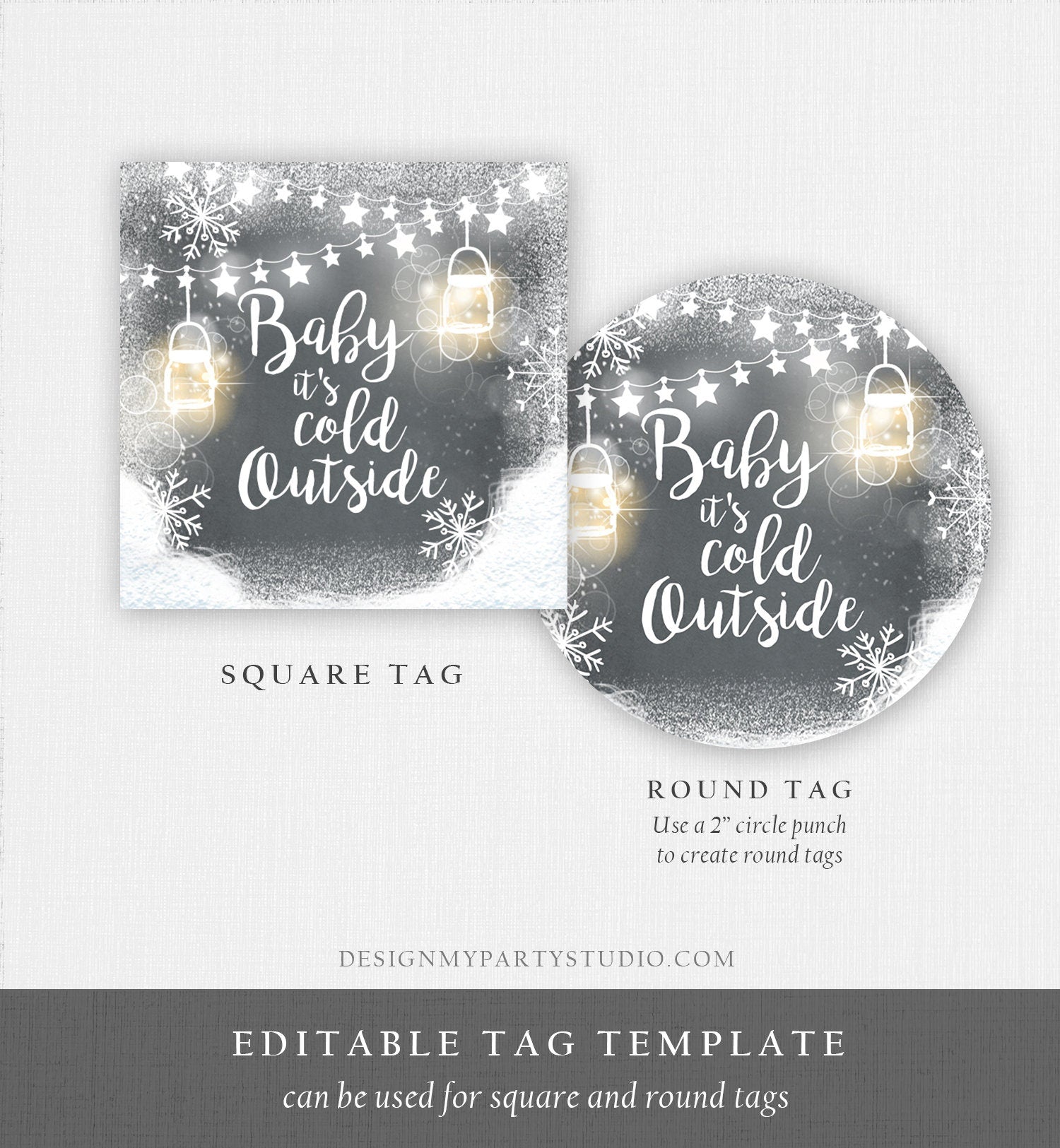 Editable Baby It's Cold Outside Thank You Favor Tag Baby Shower Rustic Wood Snowflakes Snow Winter Digital Corjl Template Printable 0031