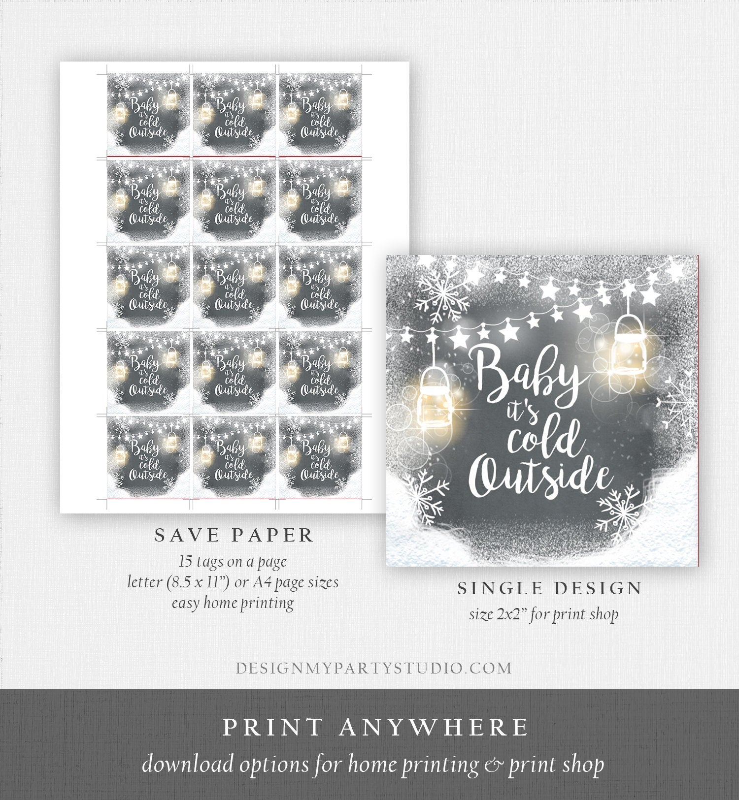 Editable Baby It's Cold Outside Thank You Favor Tag Baby Shower Rustic Wood Snowflakes Snow Winter Digital Corjl Template Printable 0031