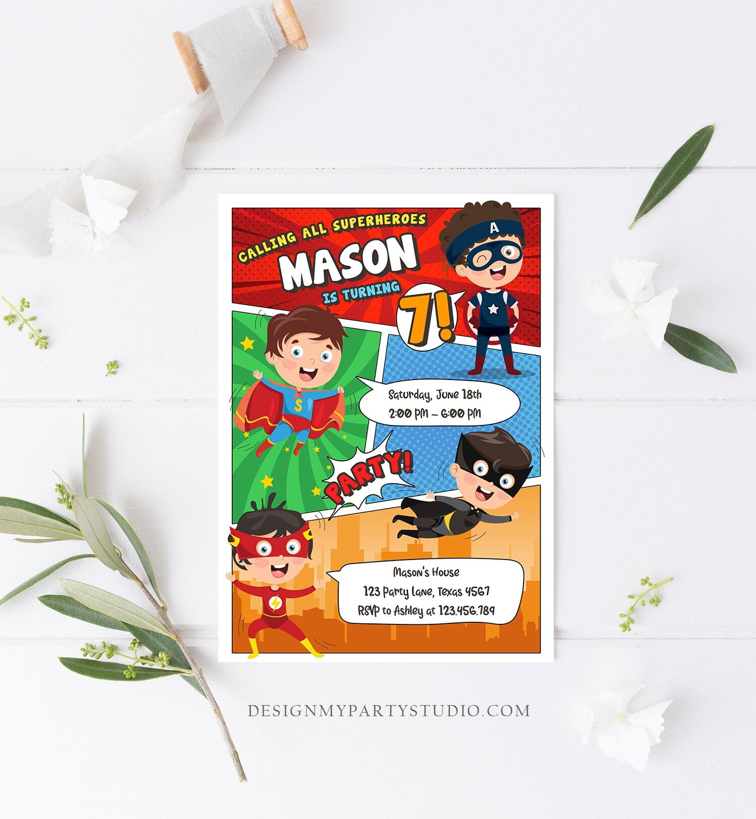 Editable Superheroes Birthday Invitation Comic Book Action Superhero Super Boy Party DC Digital Download Corjl Template Printable 0383