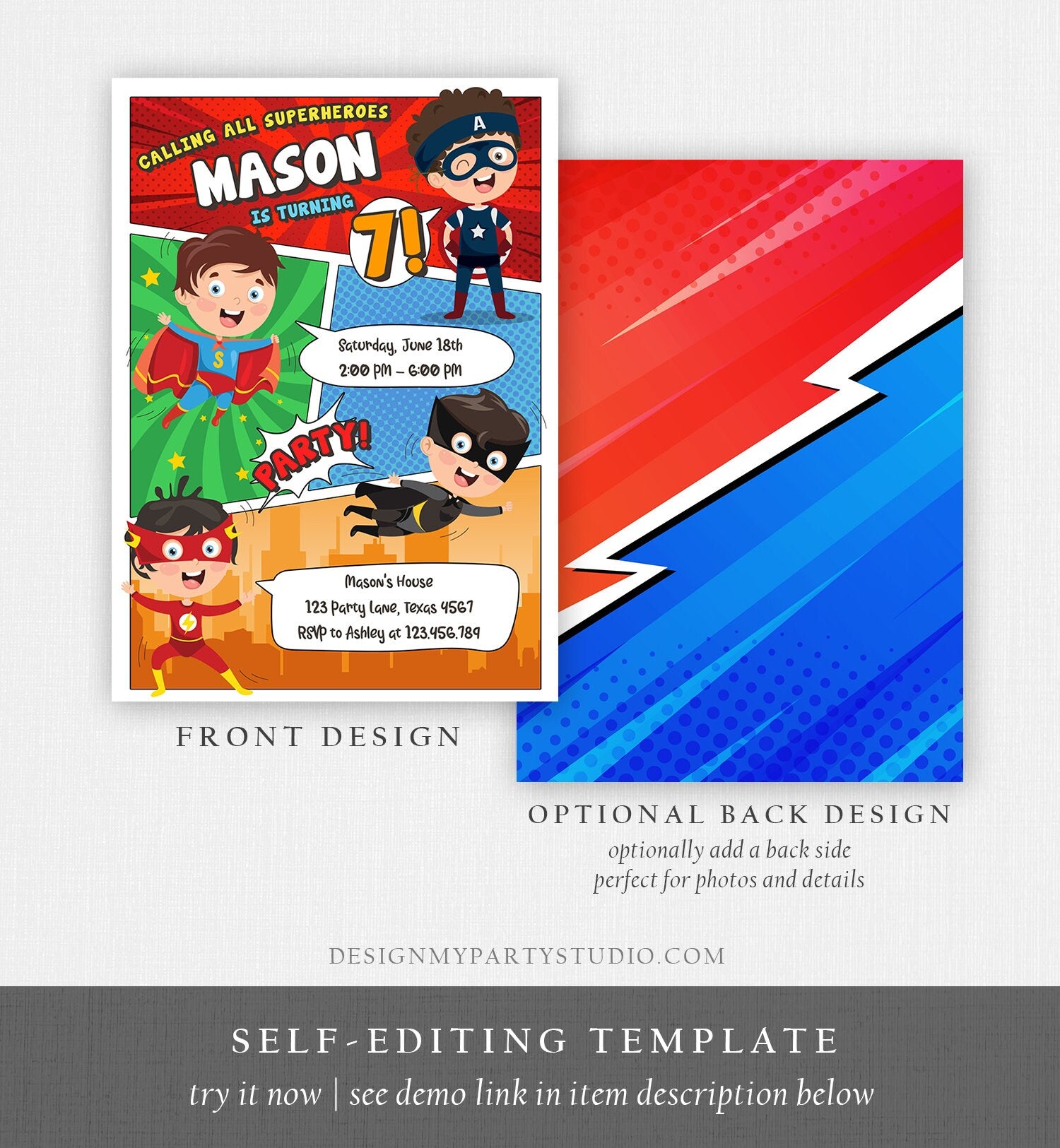 Editable Superheroes Birthday Invitation Comic Book Action Superhero Super Boy Party DC Digital Download Corjl Template Printable 0383