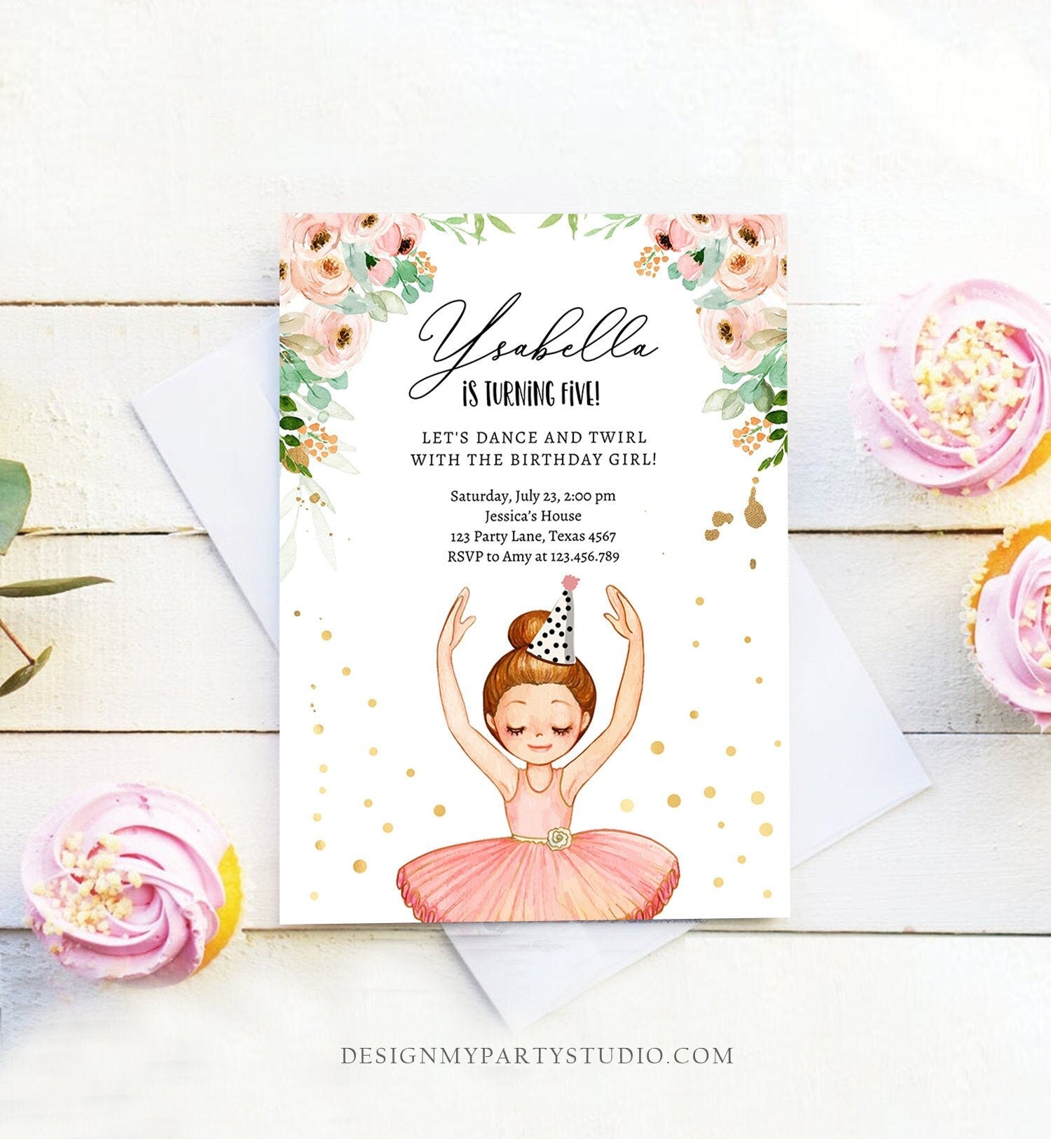 Editable Ballerina Birthday Invitation Ballerina Invitation Ballet Girl Tutu Dress Pink Gold Download Printable Invite Template Corjl 0375