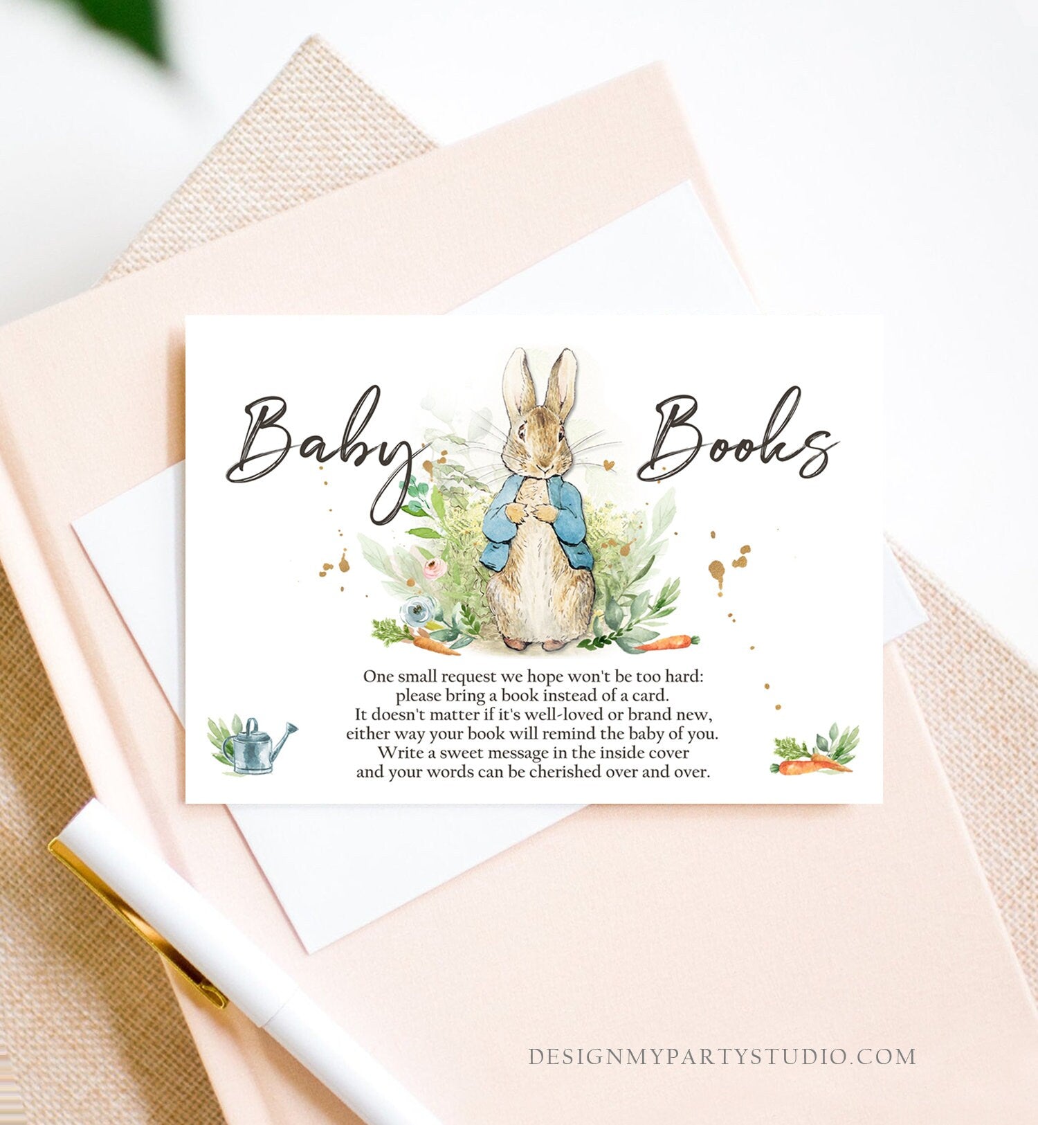 Editable Peter Rabbit Bring a Book Card Peter Rabbit Baby Shower Book Insert Books for Baby Boy Spring Rustic Template PRINTABLE Corjl 0351