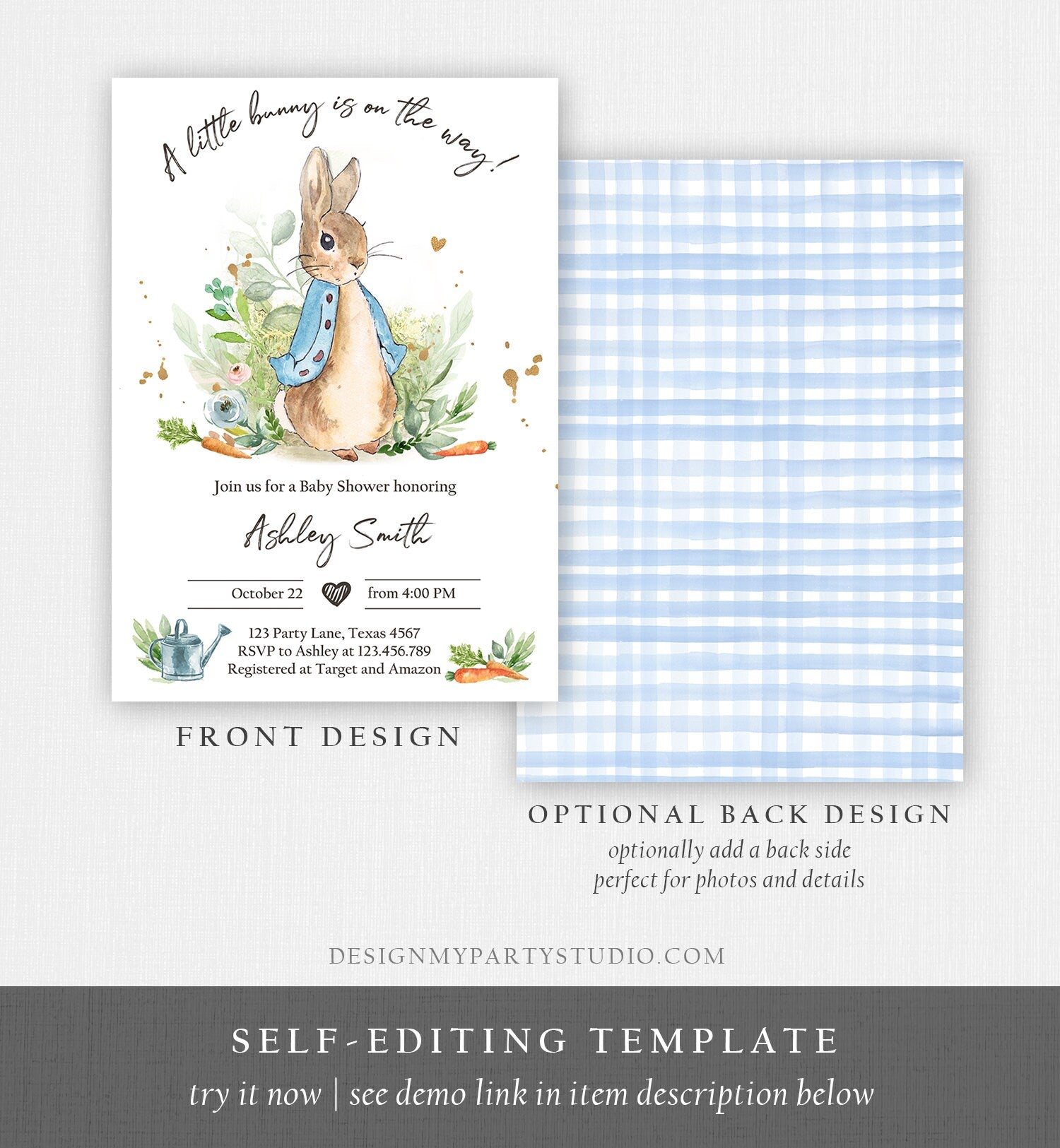 Editable Peter Rabbit Baby Shower Invitation Boy Blue Rustic Peter Rabbit Invitation Spring Sprinkle Digital Corjl Template Printable 0351