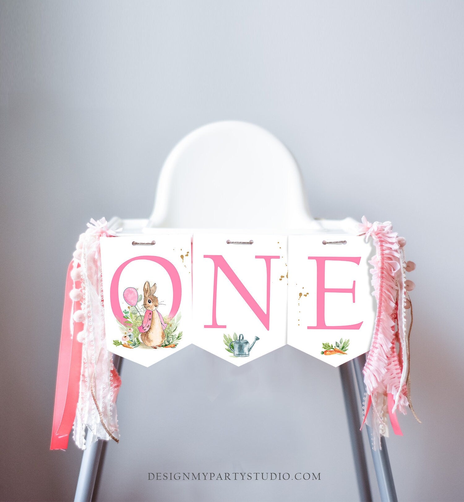 Flopsy Bunny High Chair Banner Flopsy Bunny 1st First Birthday Girl High Chair ONE Banner Pink Rustic Party Decor PRINTABLE Digital 0351