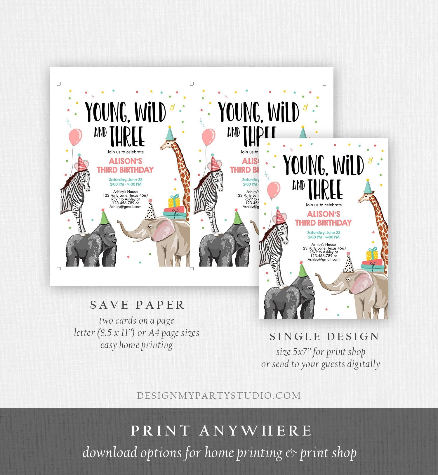 Editable Young Wild and Three Birthday Invitation Animals Invite Party Jungle Safari Pink Girl Download Printable Template Corjl 0142