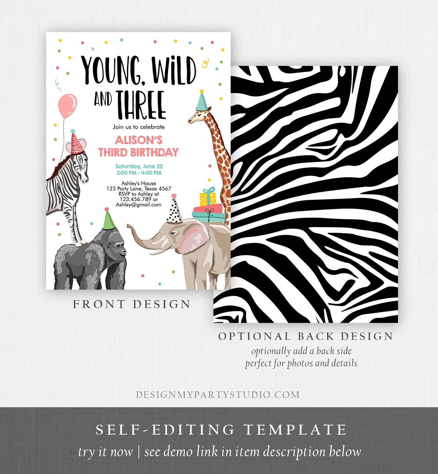 Editable Young Wild and Three Birthday Invitation Animals Invite Party Jungle Safari Pink Girl Download Printable Template Corjl 0142