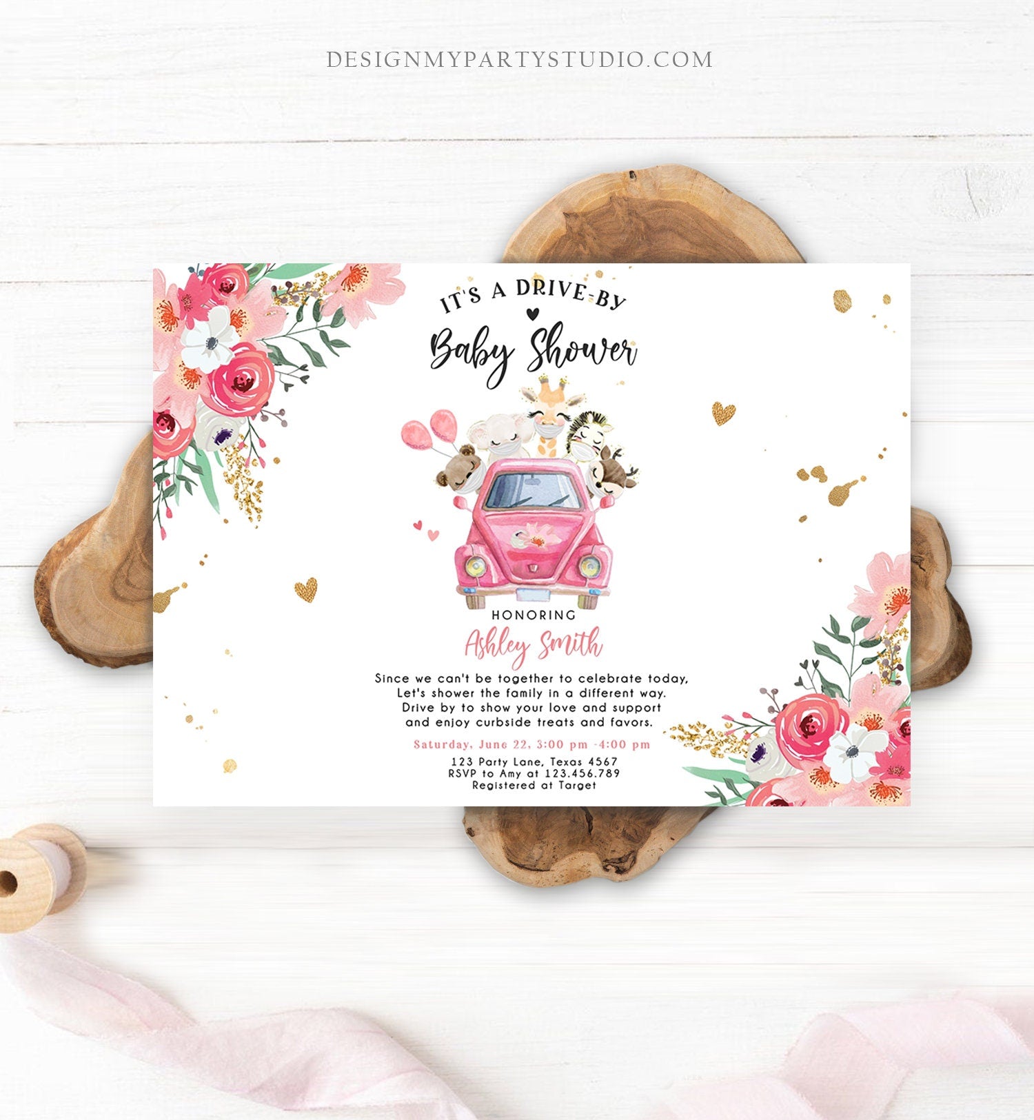 Editable Safari Drive By Baby Shower Invitation Pink Girl Baby Shower Invite Quarantine Drive Through Floral Template Download Corjl 0386