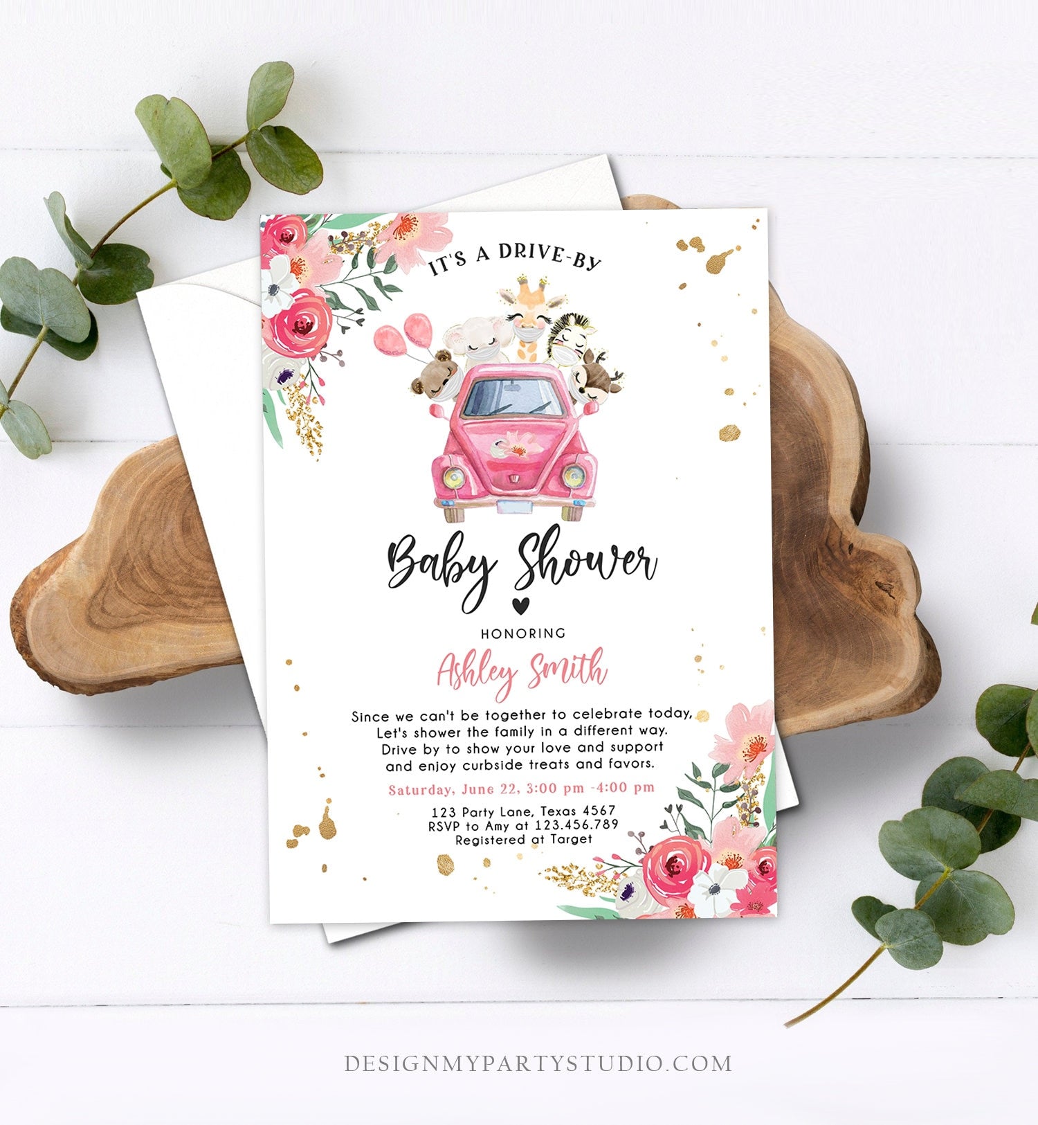 Editable Safari Drive By Baby Shower Invitation Pink Girl Baby Shower Invite Quarantine Drive Through Floral Template Download Corjl 0386