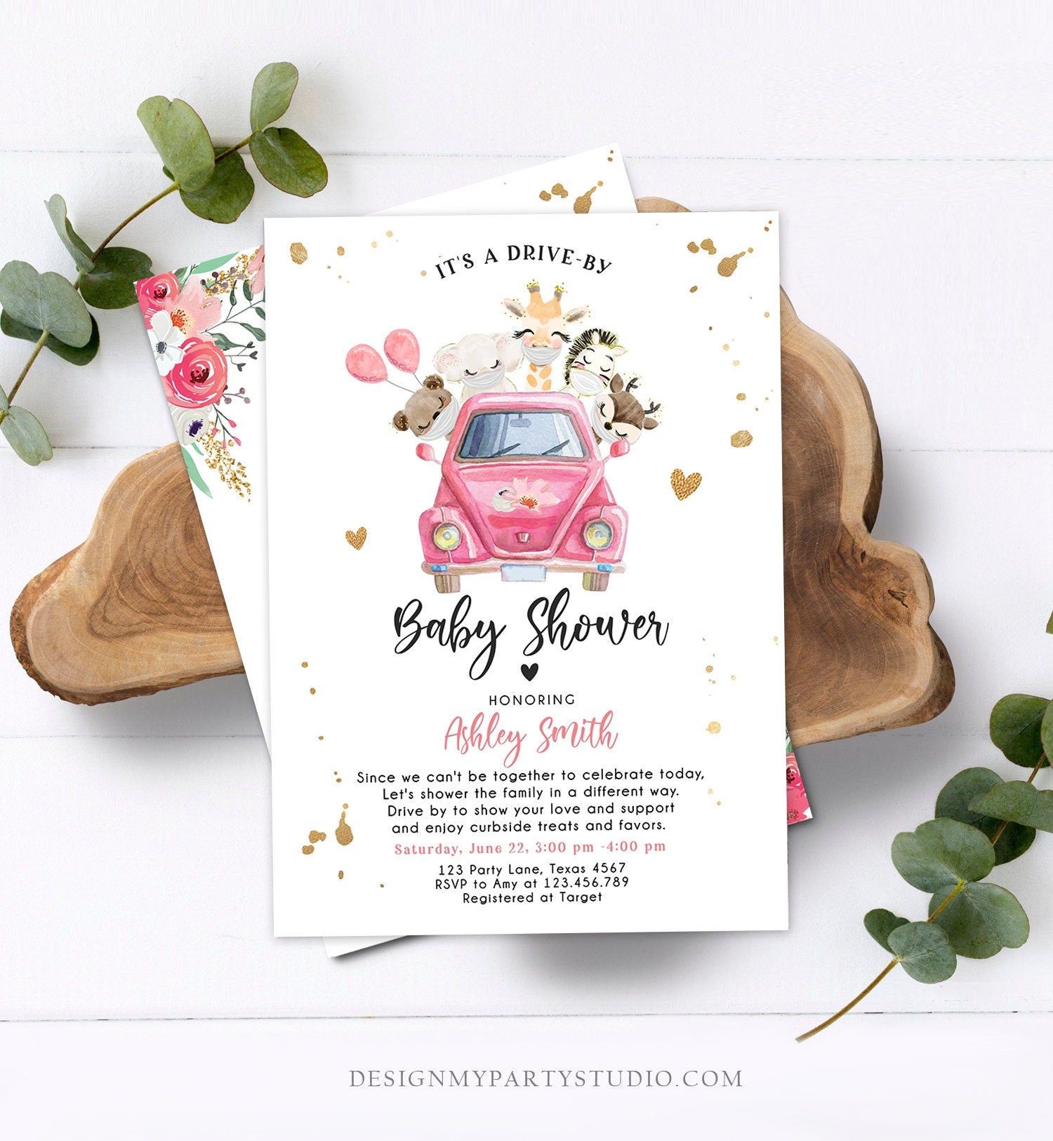 Editable Safari Drive By Baby Shower Invitation Pink Girl Baby Shower Invite Quarantine Drive Through Floral Template Download Corjl 0386