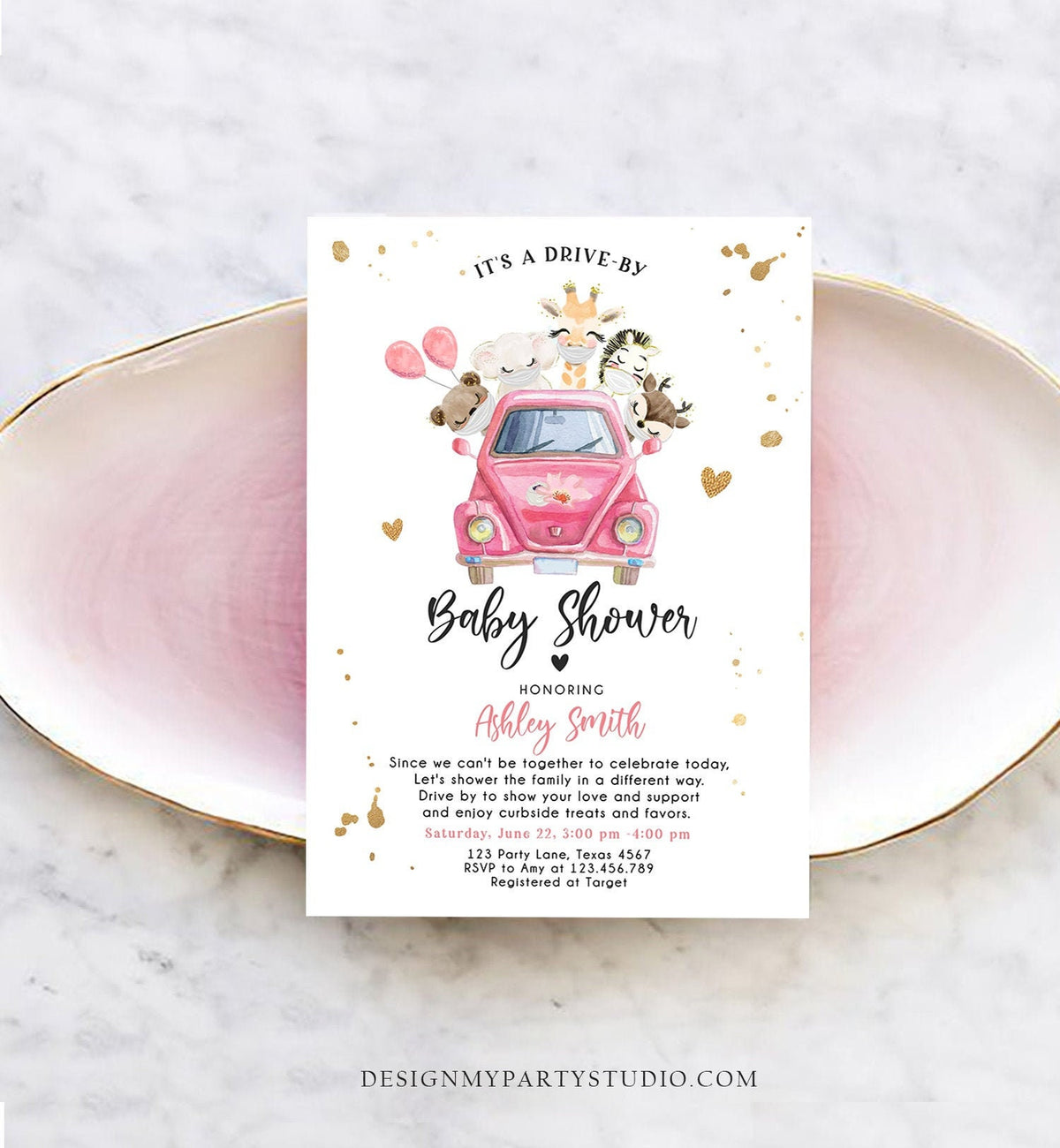 Editable Safari Drive By Baby Shower Invitation Pink Girl Baby Shower Invite Quarantine Drive Through Floral Template Download Corjl 0386