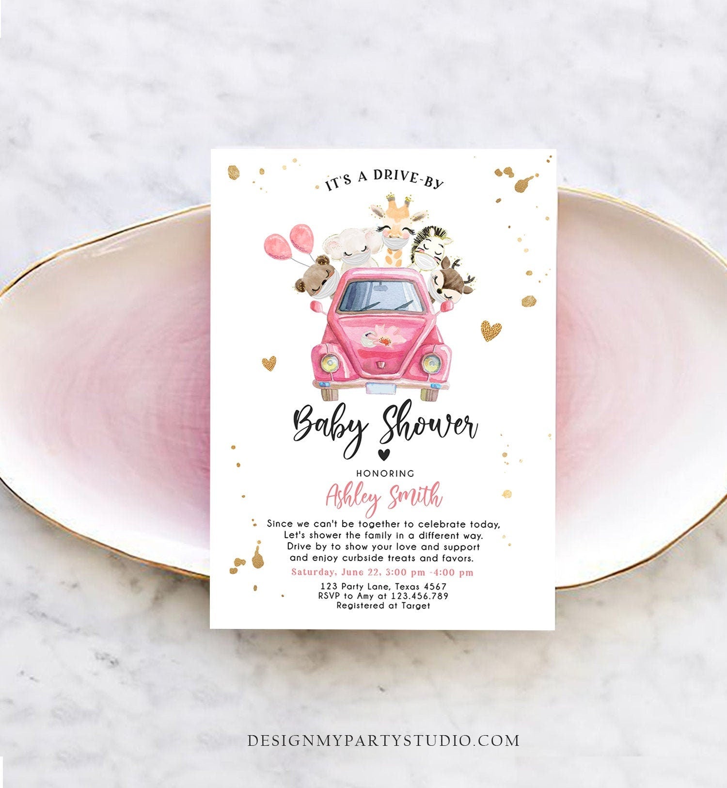 Editable Safari Drive By Baby Shower Invitation Pink Girl Baby Shower Invite Quarantine Drive Through Floral Template Download Corjl 0386