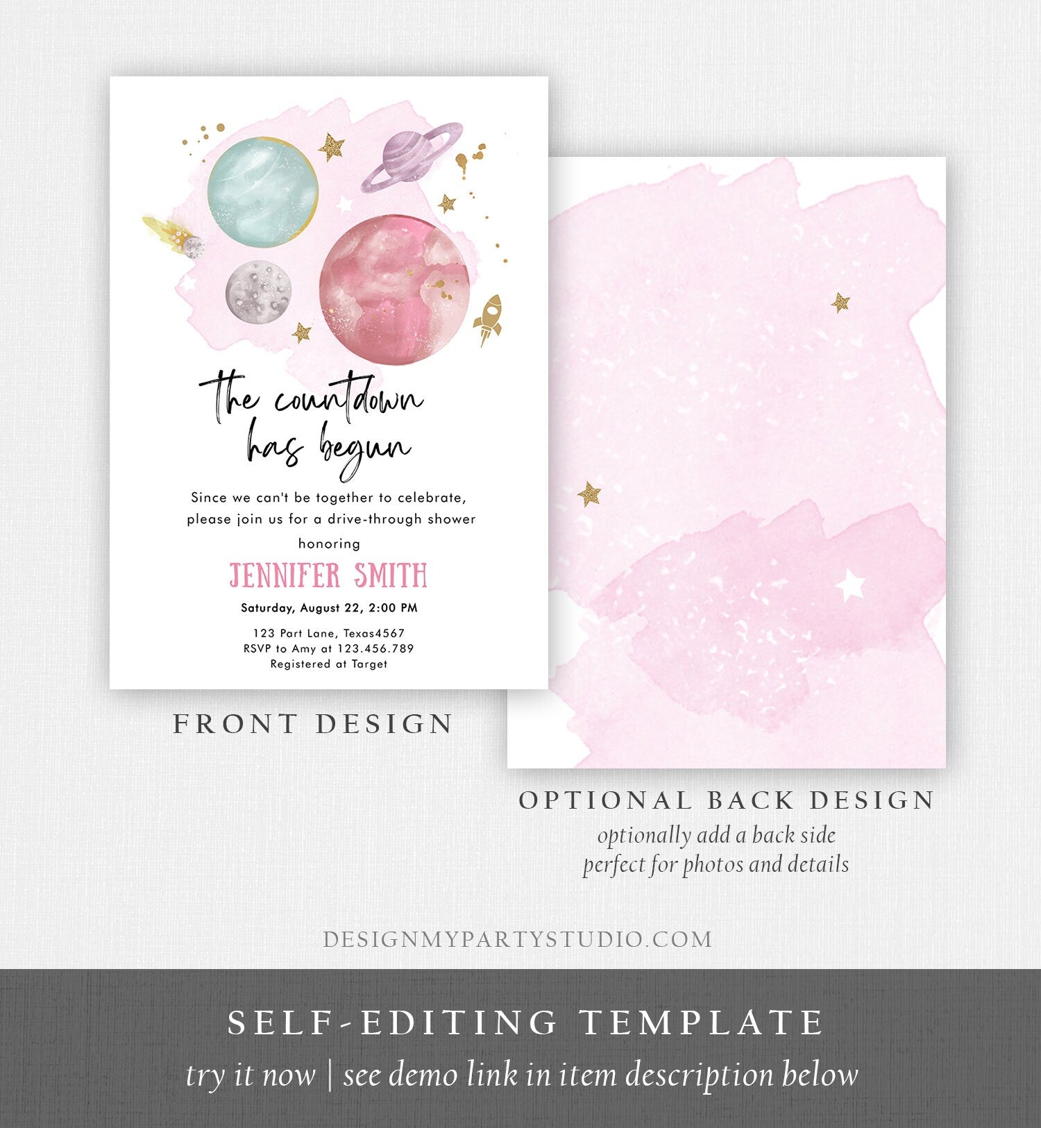 Editable Space Drive By Baby Shower Invitation Galaxy Outer Space It's a Girl Pink Planets Moon Countdown Drive Through Corjl Template 0357