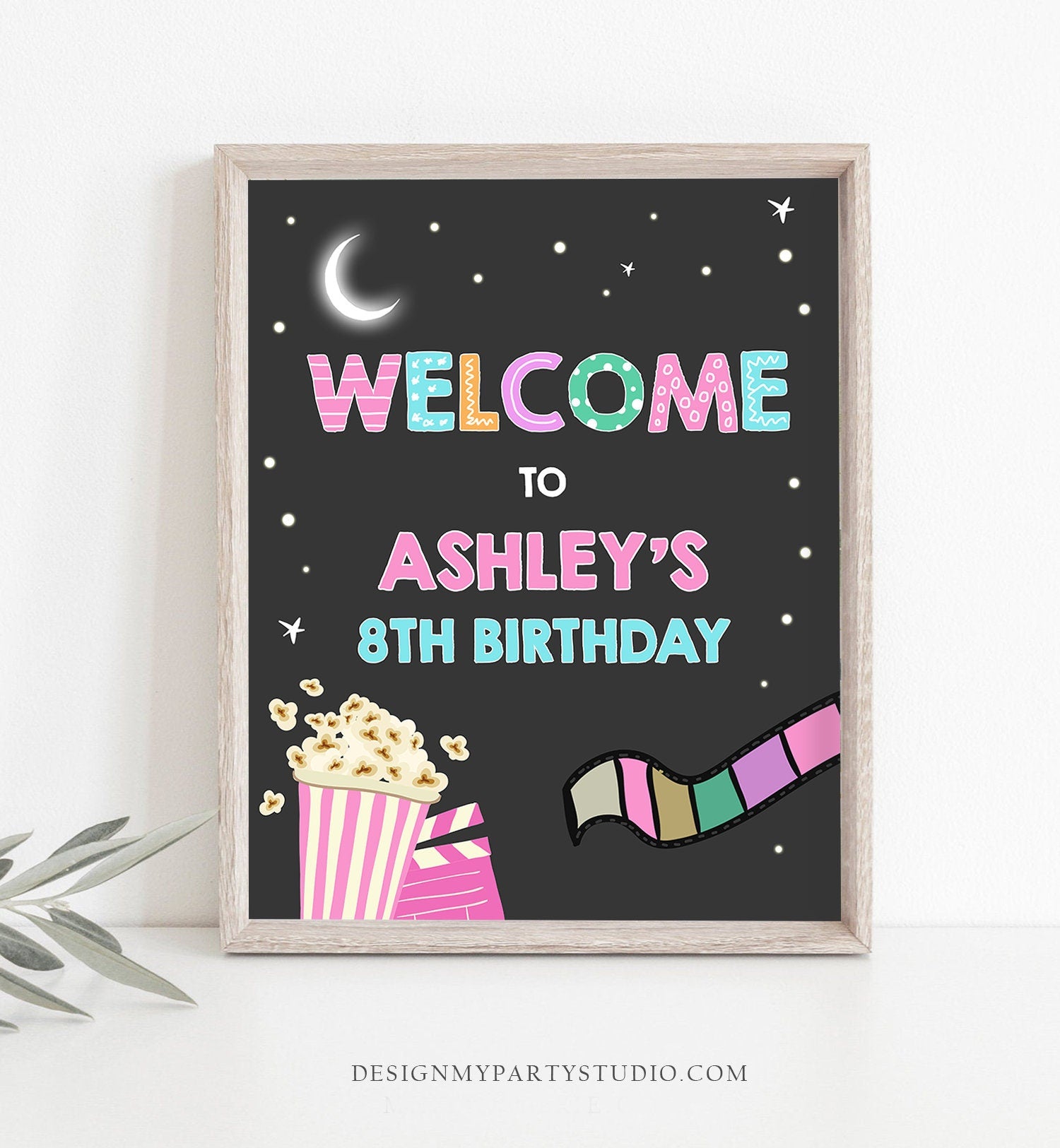 Editable Movie Night Welcome Sign Girl Birthday Backyard Movie Under The Stars Welcome Popcorn Movie Party Template Corjl Printable 0042