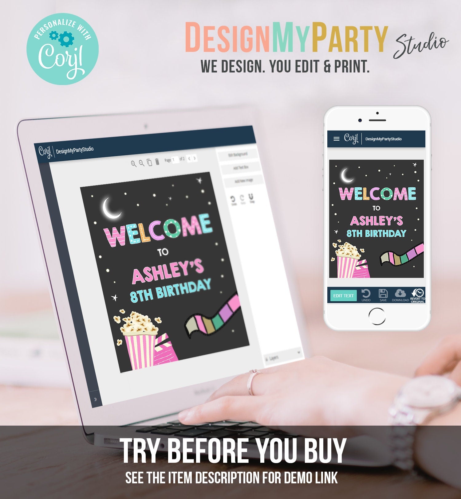 Editable Movie Night Welcome Sign Girl Birthday Backyard Movie Under The Stars Welcome Popcorn Movie Party Template Corjl Printable 0042